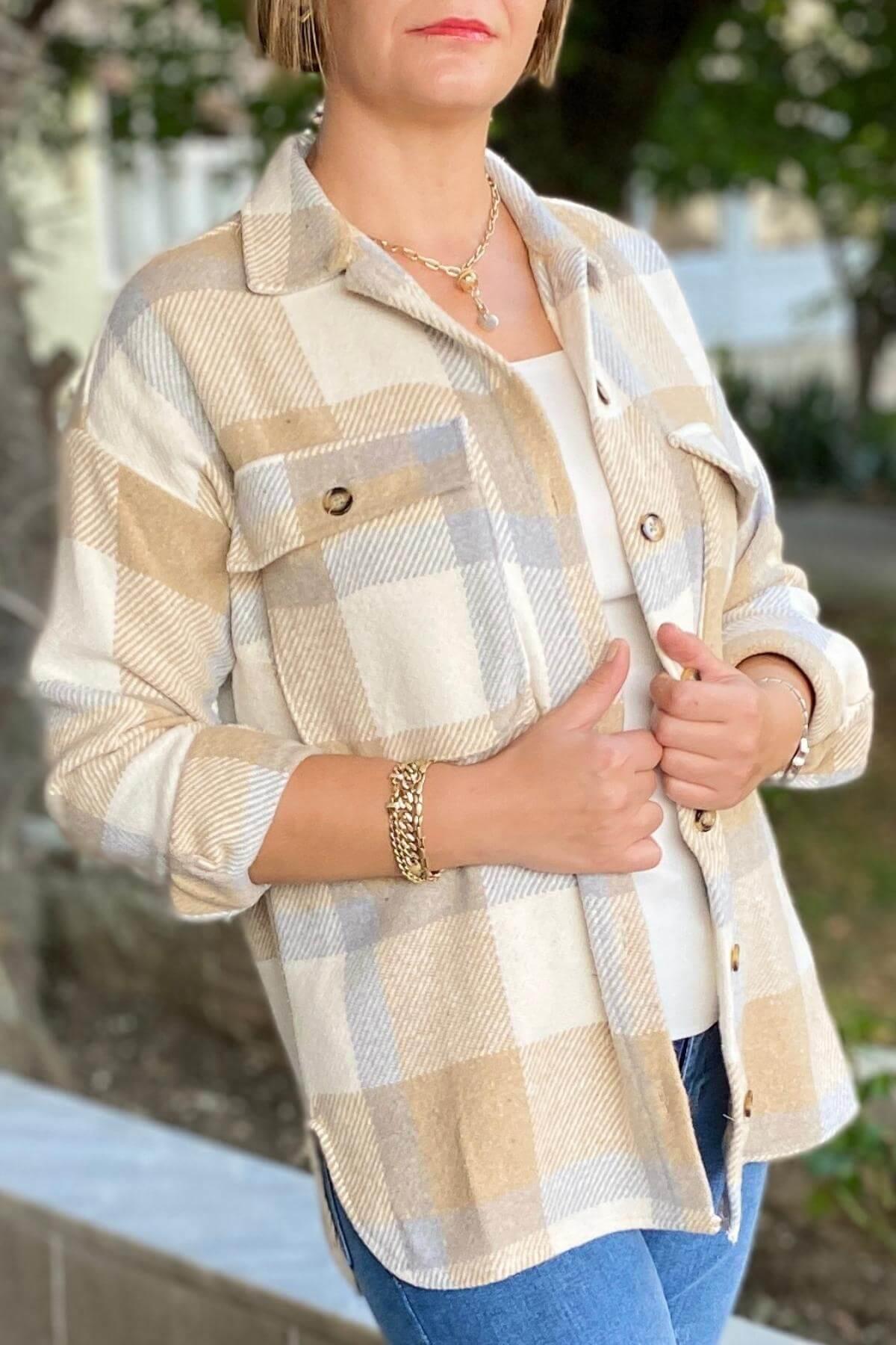 Kadın Bej Oduncu Gömlek Ceket