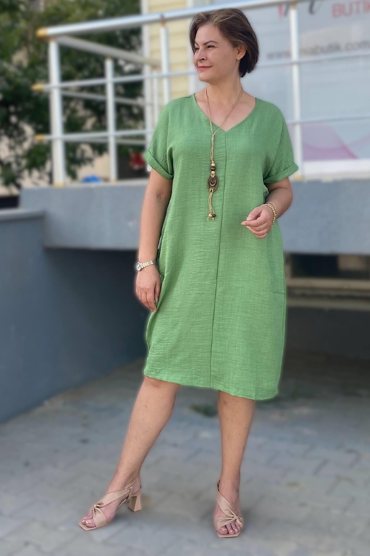 Büyük Beden Yeşil  Kolye Hediyeli Salaş Elbise