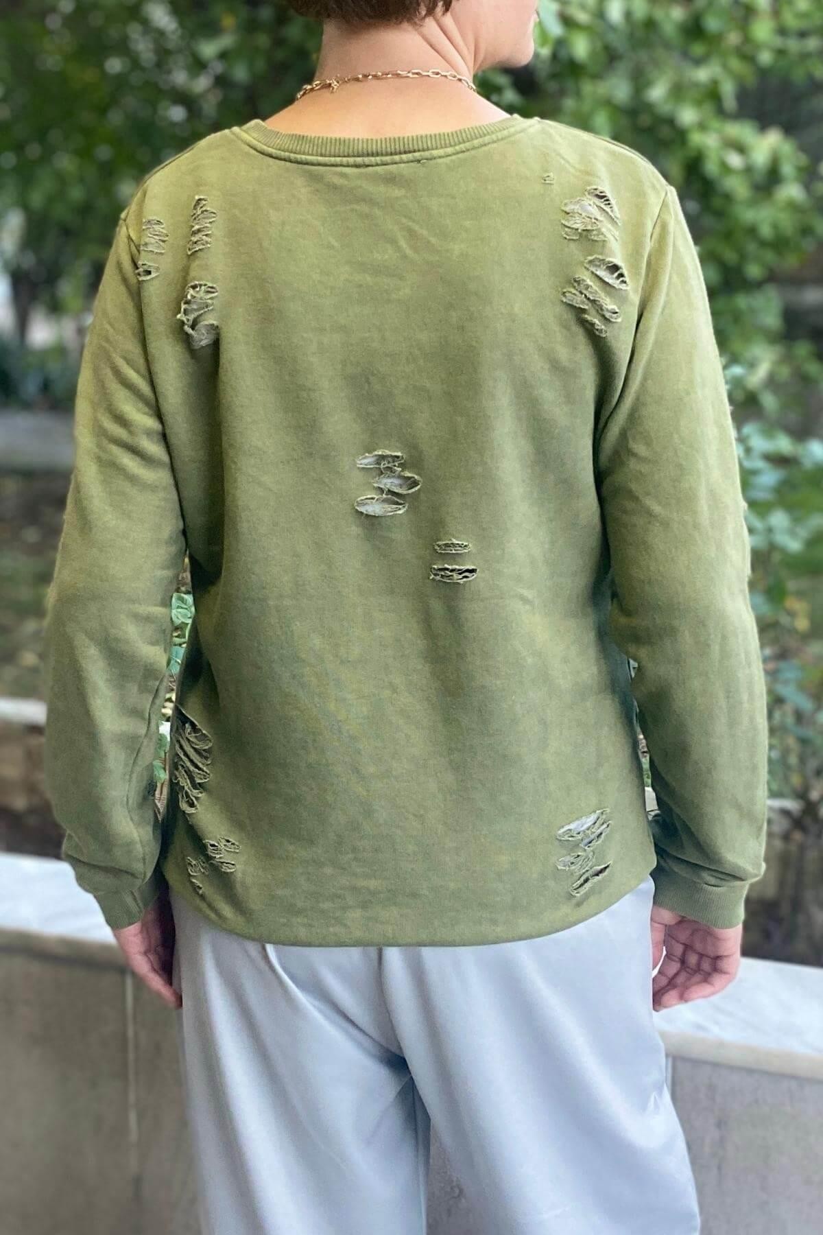 Kadın Haki Kaplan Desenli Sweat