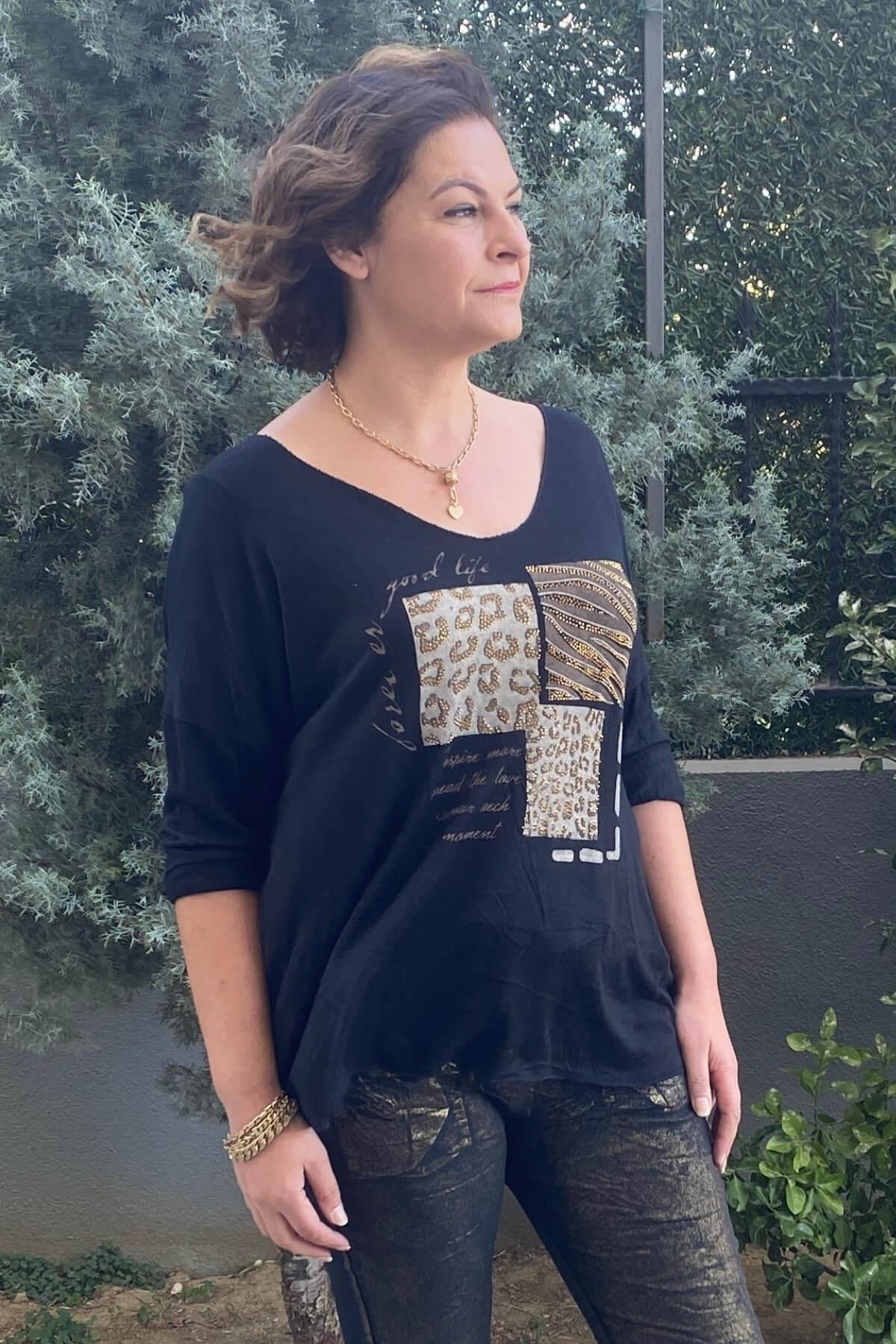 Kadın İtalyan Baskılı Angora Siyah Triko Bluz