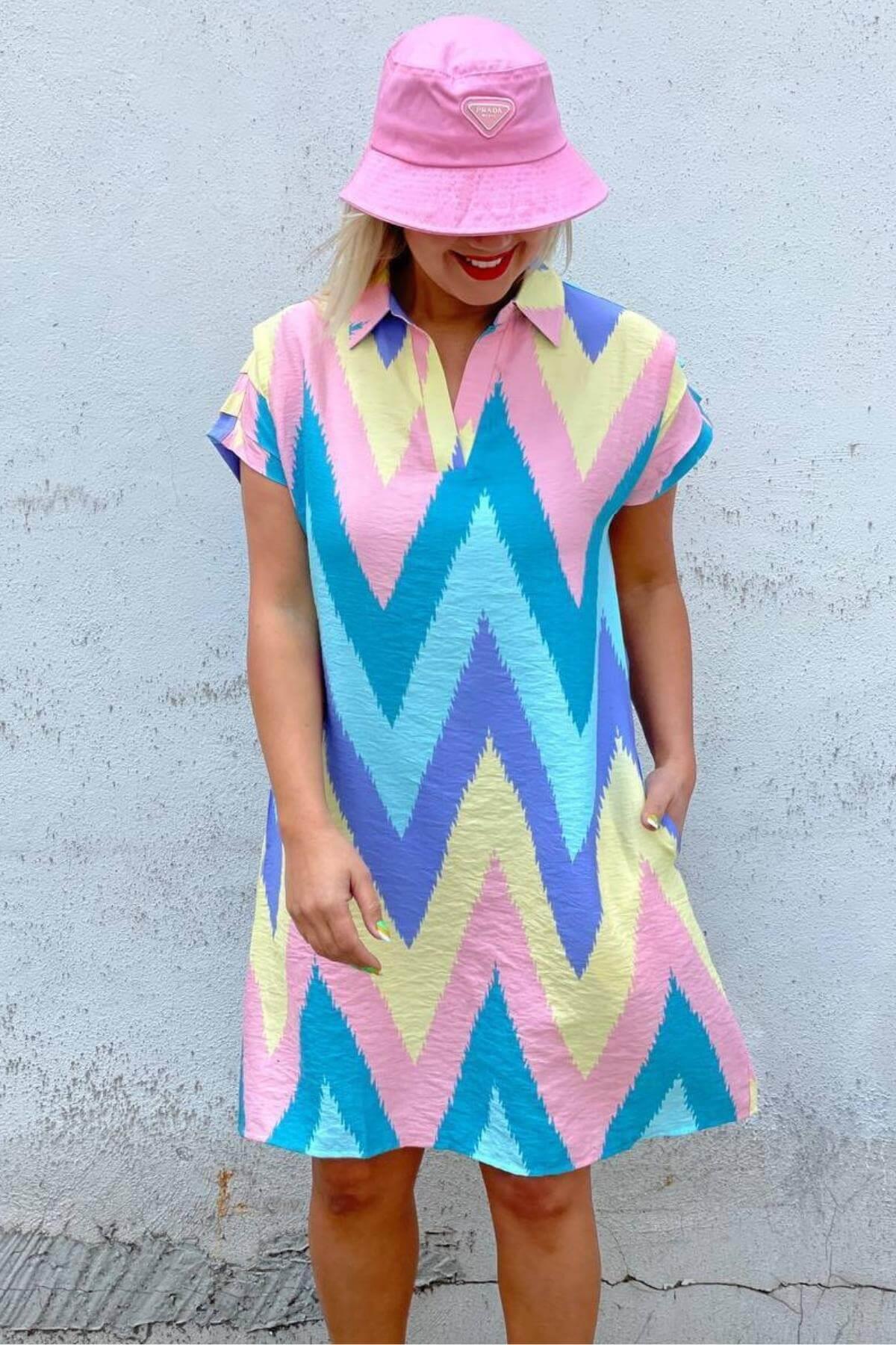 Kadın Rengarenk Omuzları Drapeli Elbise