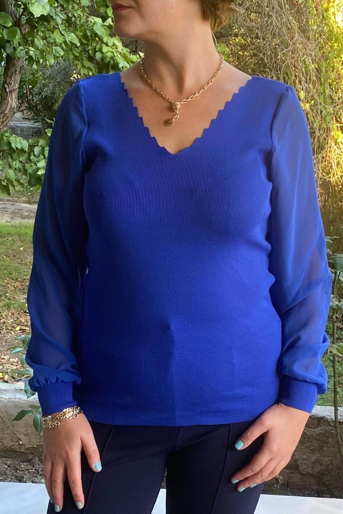 Büyük Beden Saks Mavi Merdiven Yaka Triko Bluz