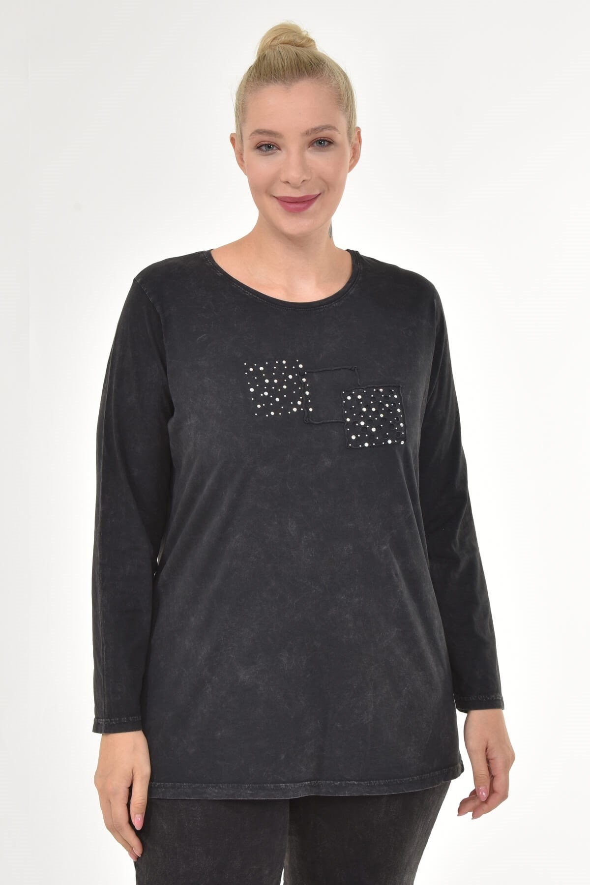 Büyük Beden İtalyan Yıkamalı Siyah Uzun  Kolu Tshirt