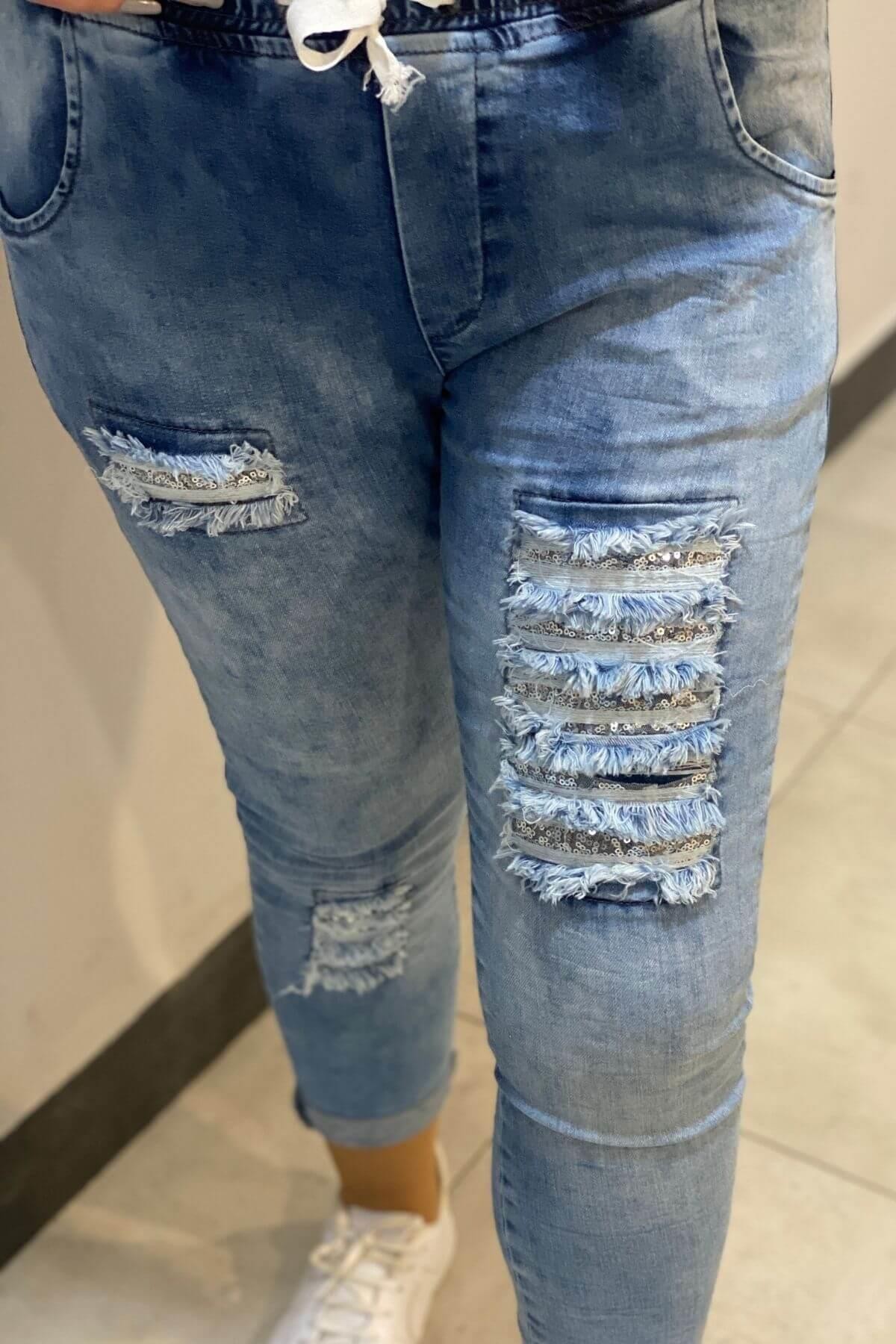 Kadın Mavi Payet Detaylı Full Likralı Kot Pantolon