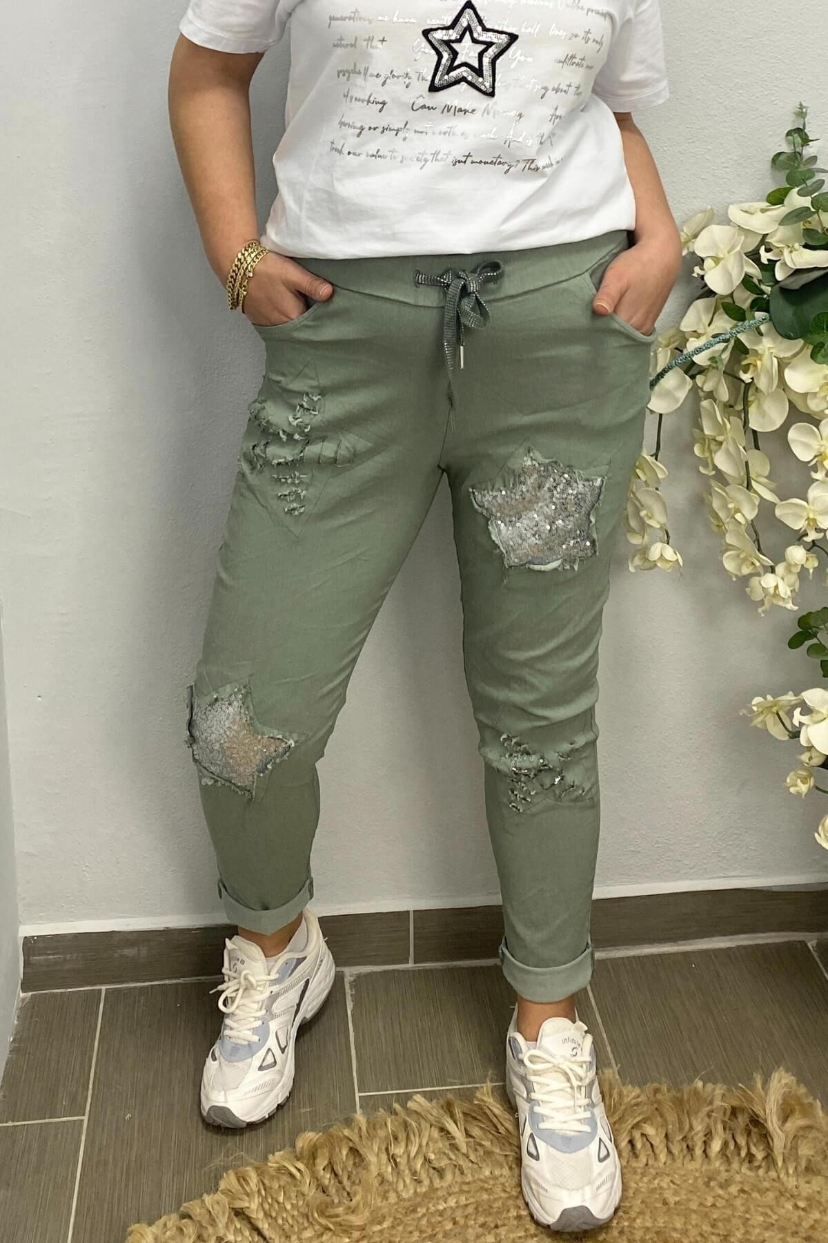 Kadın İtalyan Yıldız Detaylı Su Yeşili Pantolon