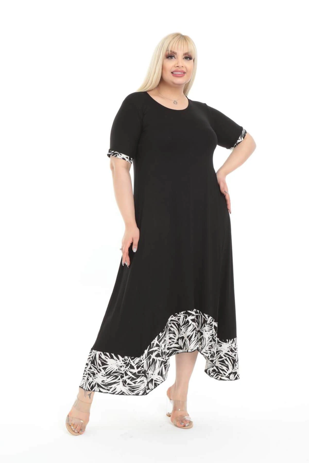 Büyük Beden Siyah Palmiye Desen Asimetrik Elbise