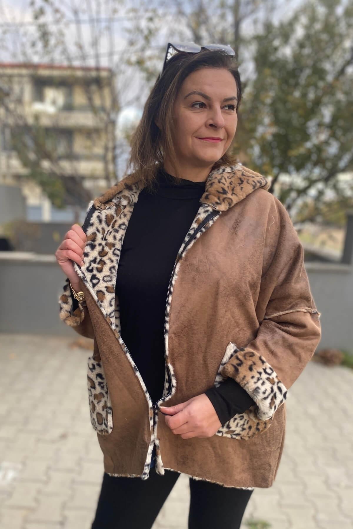 Kadın Camel İtalyan Leopar Desenli Kısa Kaban