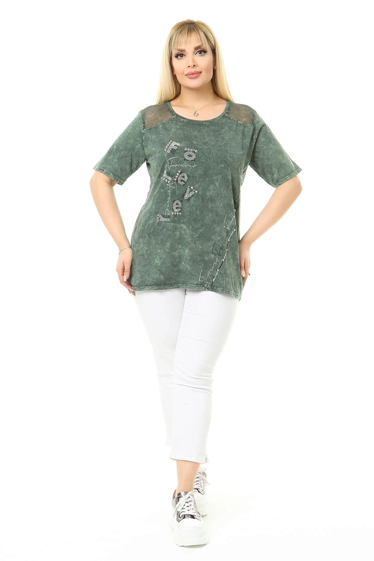 Büyük Beden Haki Omuzları File Detaylı Bluz