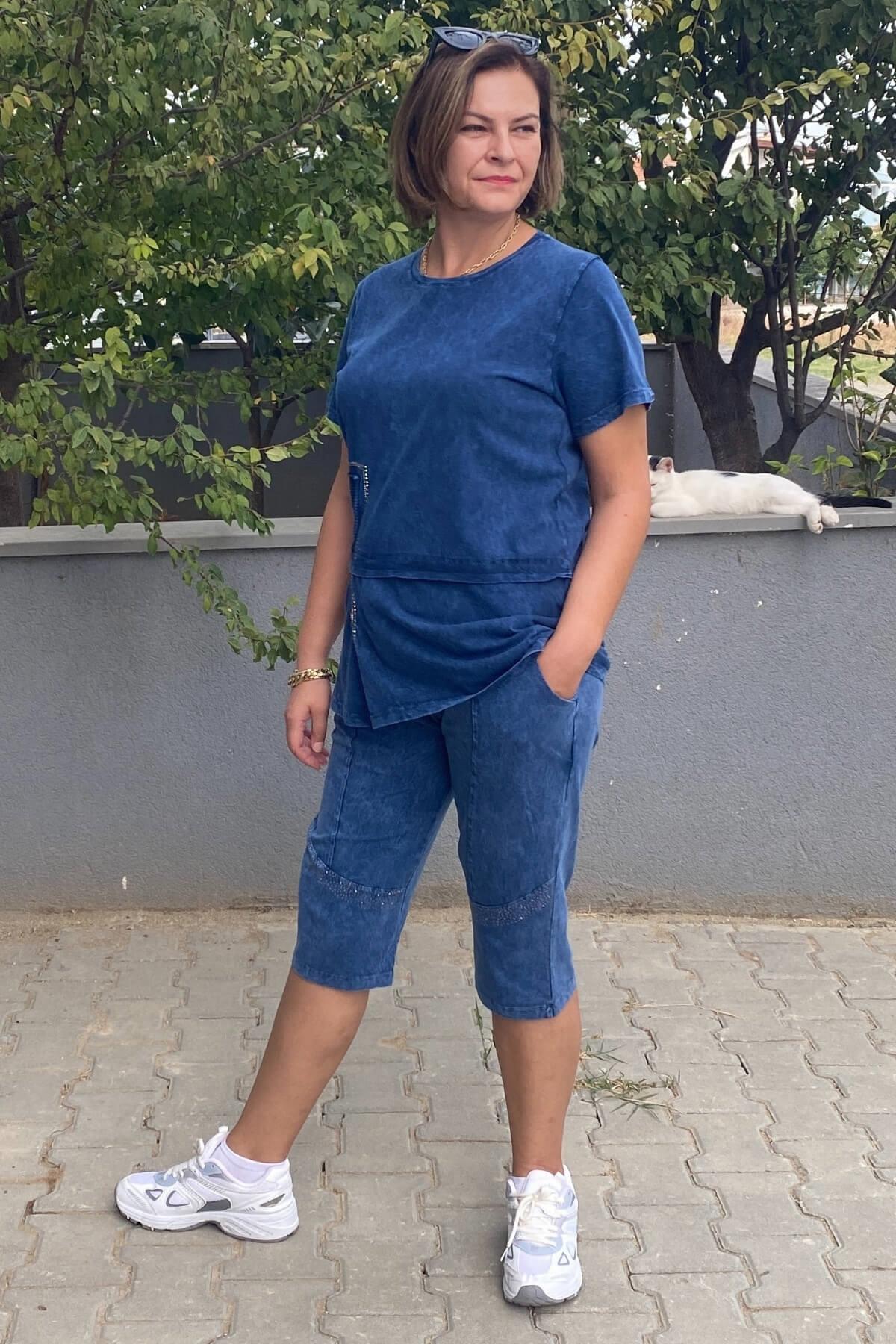 Büyük Beden Lacivert  Zümrüt Kapri Takım