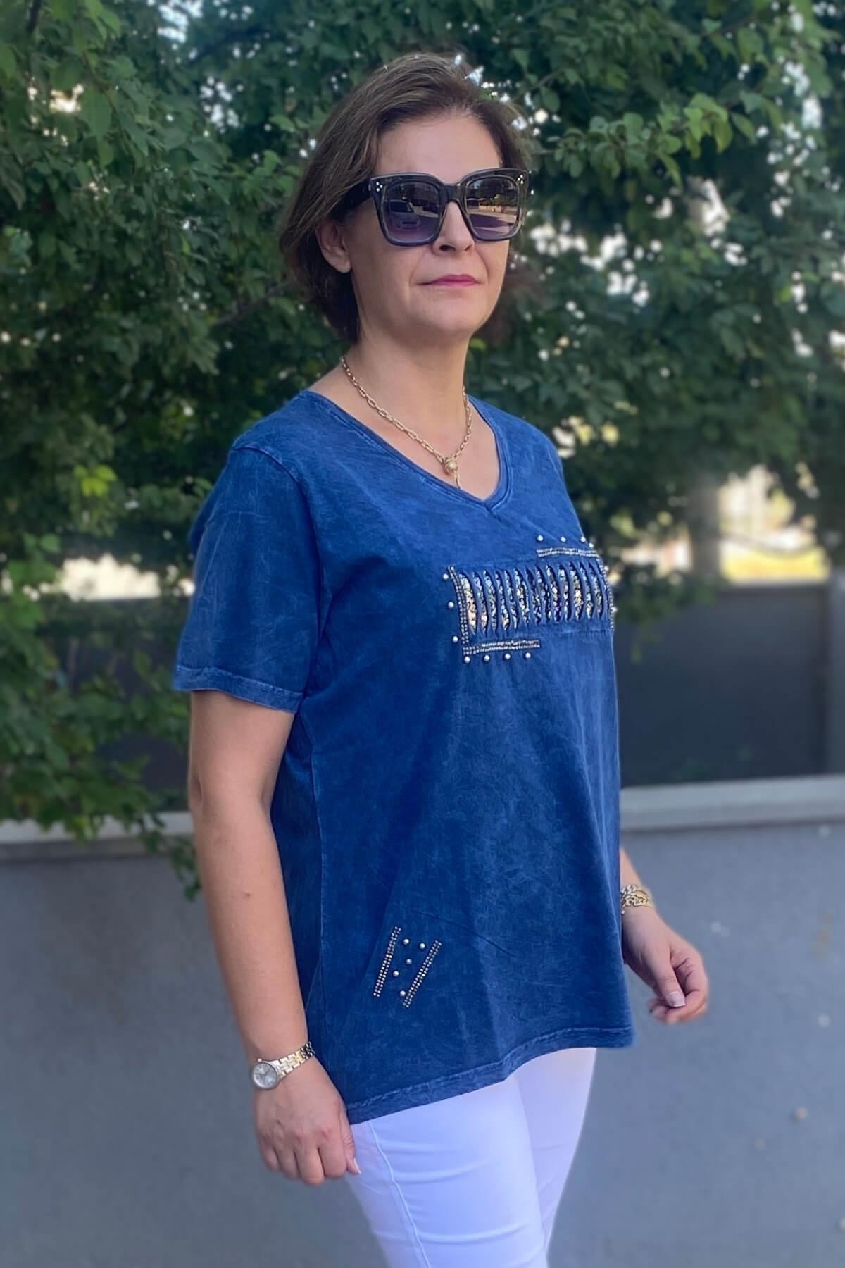 Büyük Beden Lacivert İtalyan Yıkamalı Pencere Detaylı Tshirt