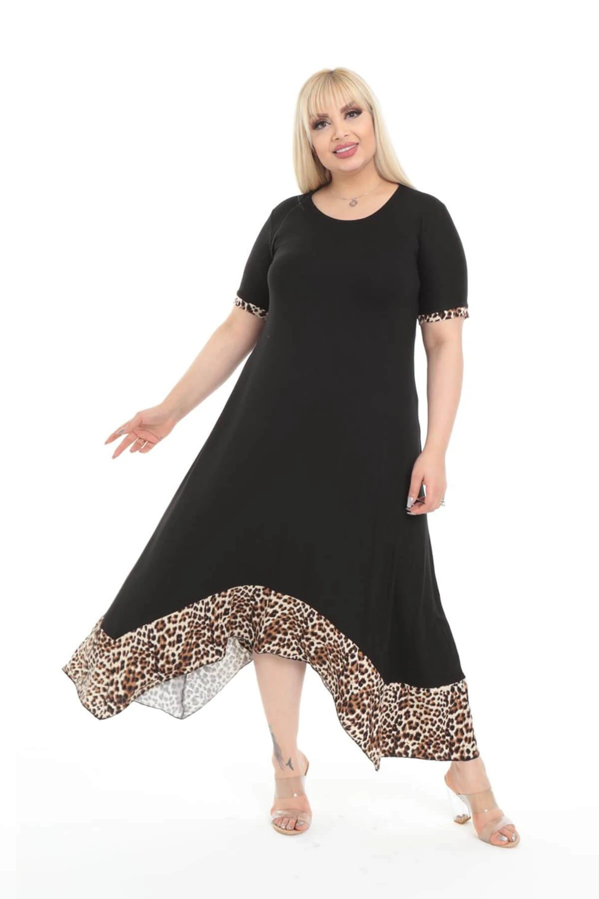 Büyük Beden Siyah Leopar Desen Asimetrik Elbise