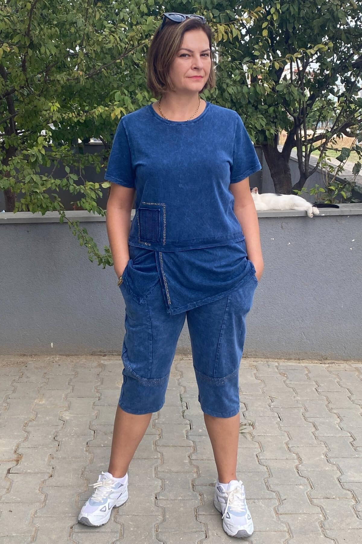 Büyük Beden Lacivert  Zümrüt Kapri Takım