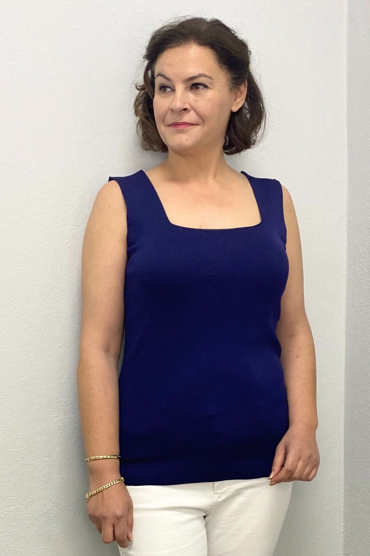 Büyük Beden Lacivert Kare Yaka Triko Bluz