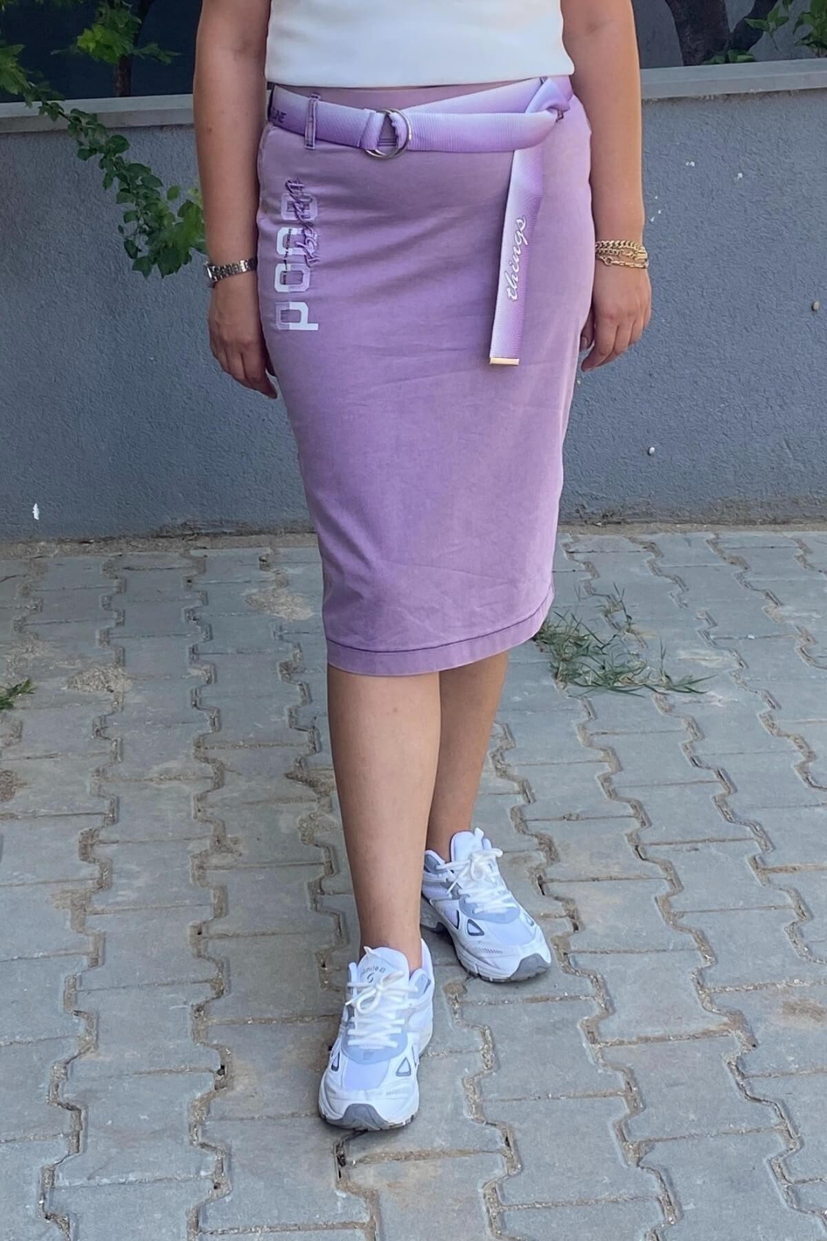 Büyük Beden Lila Tasarım Tensel Kot Etek