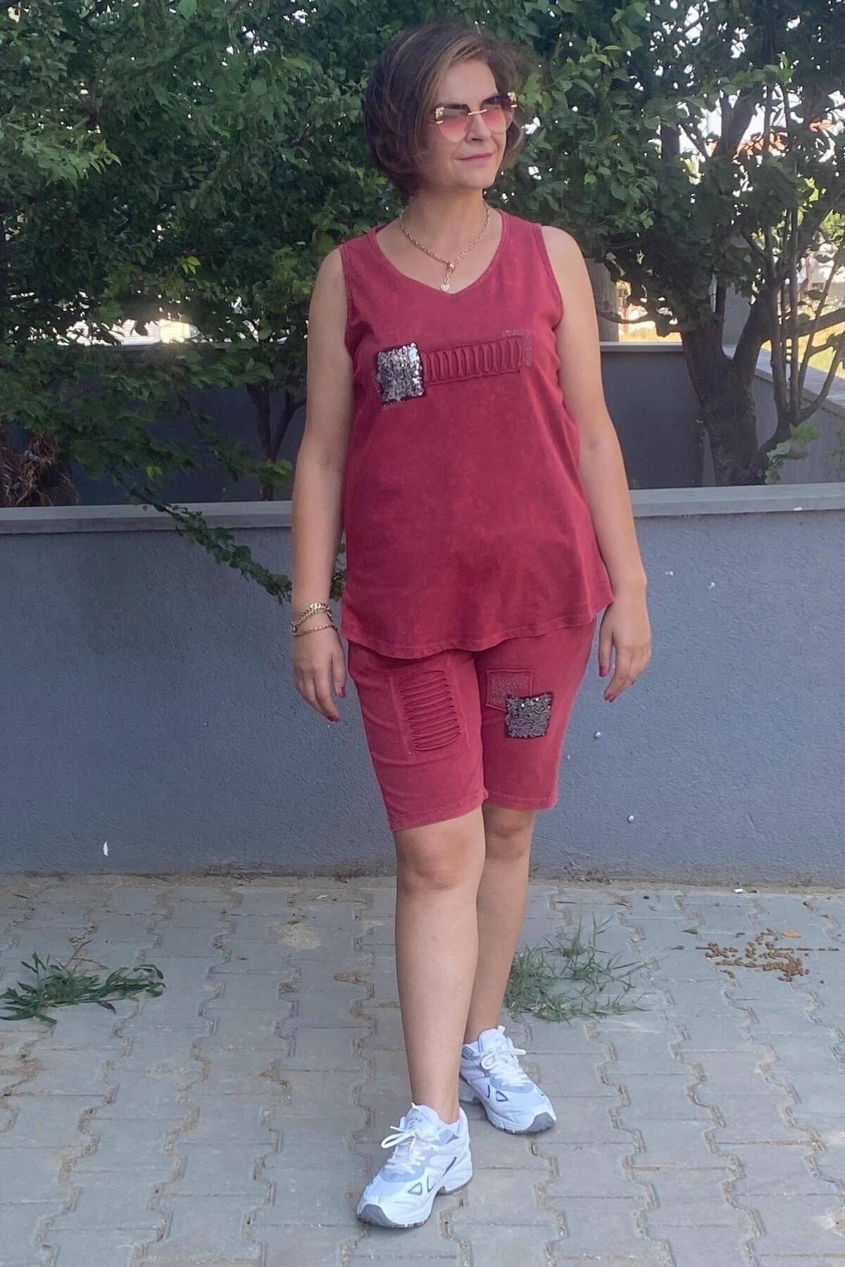 Büyük Beden Bordo Gümüş Şort Takım