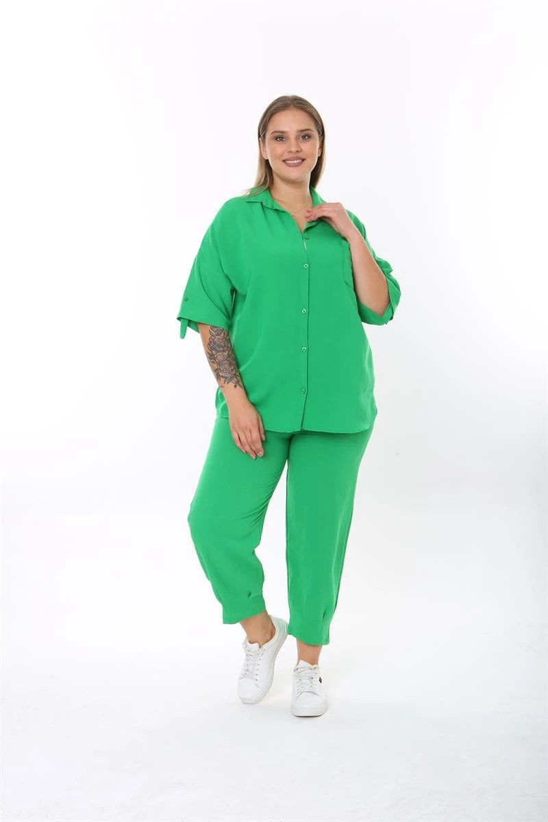 Büyük Beden Yeşil Paçaları Pens Detaylı Takım