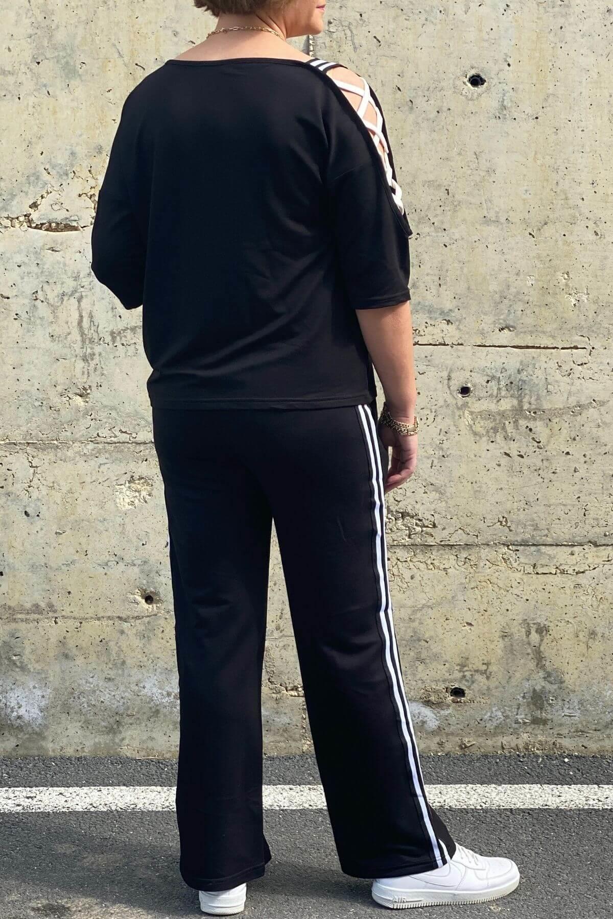 Büyük Beden Siyah Tek Omuz Dekolteli Eşortman Takım