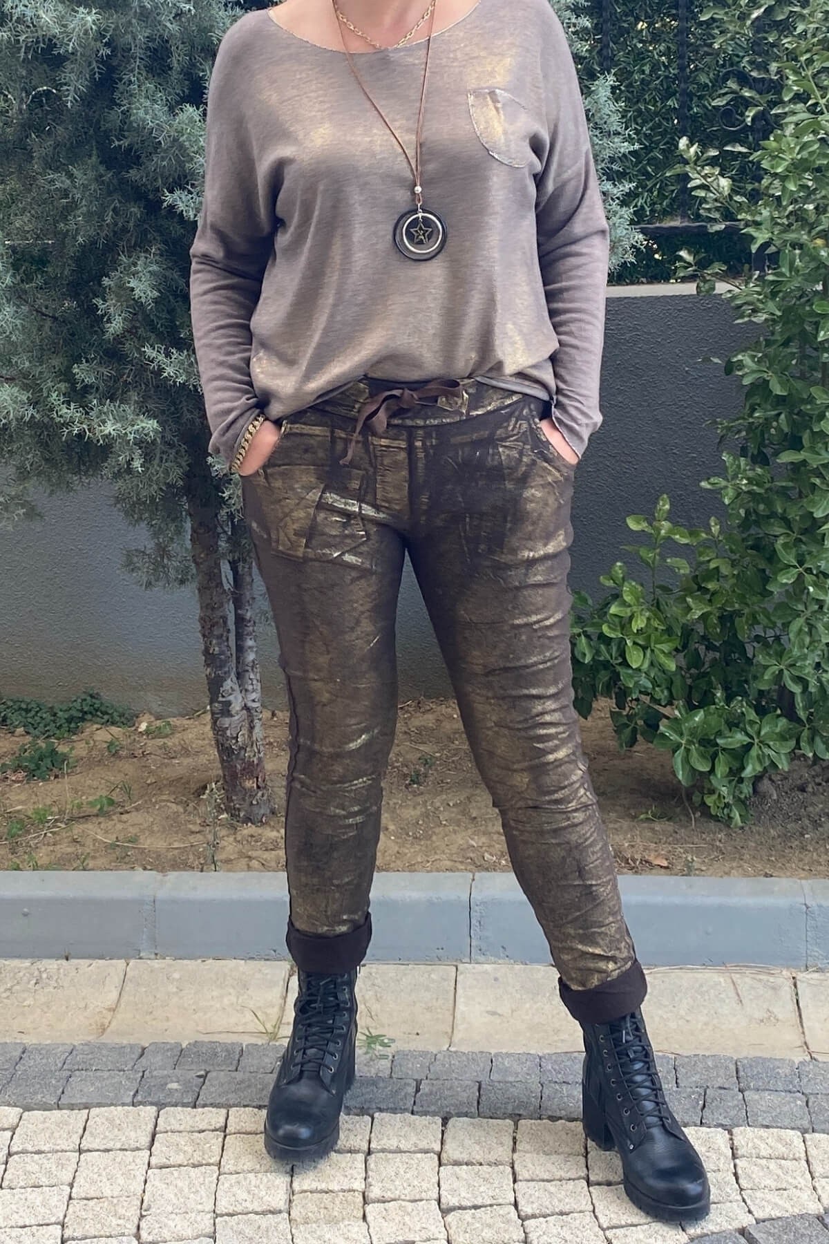 Kadın İtalyan Varak Basklı Kahve  Pantolon