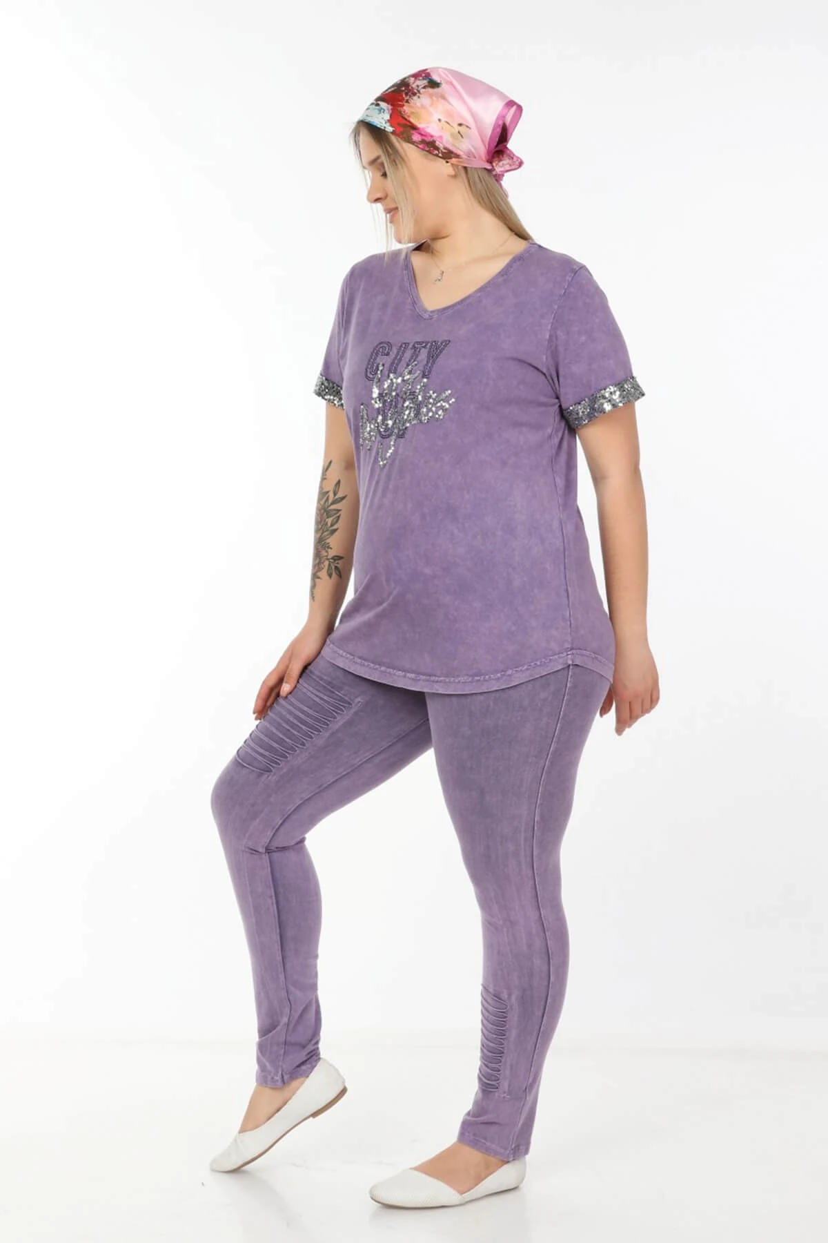 Büyük Beden Lila İtalyan Yıkamalı Kolu Pullu Takım