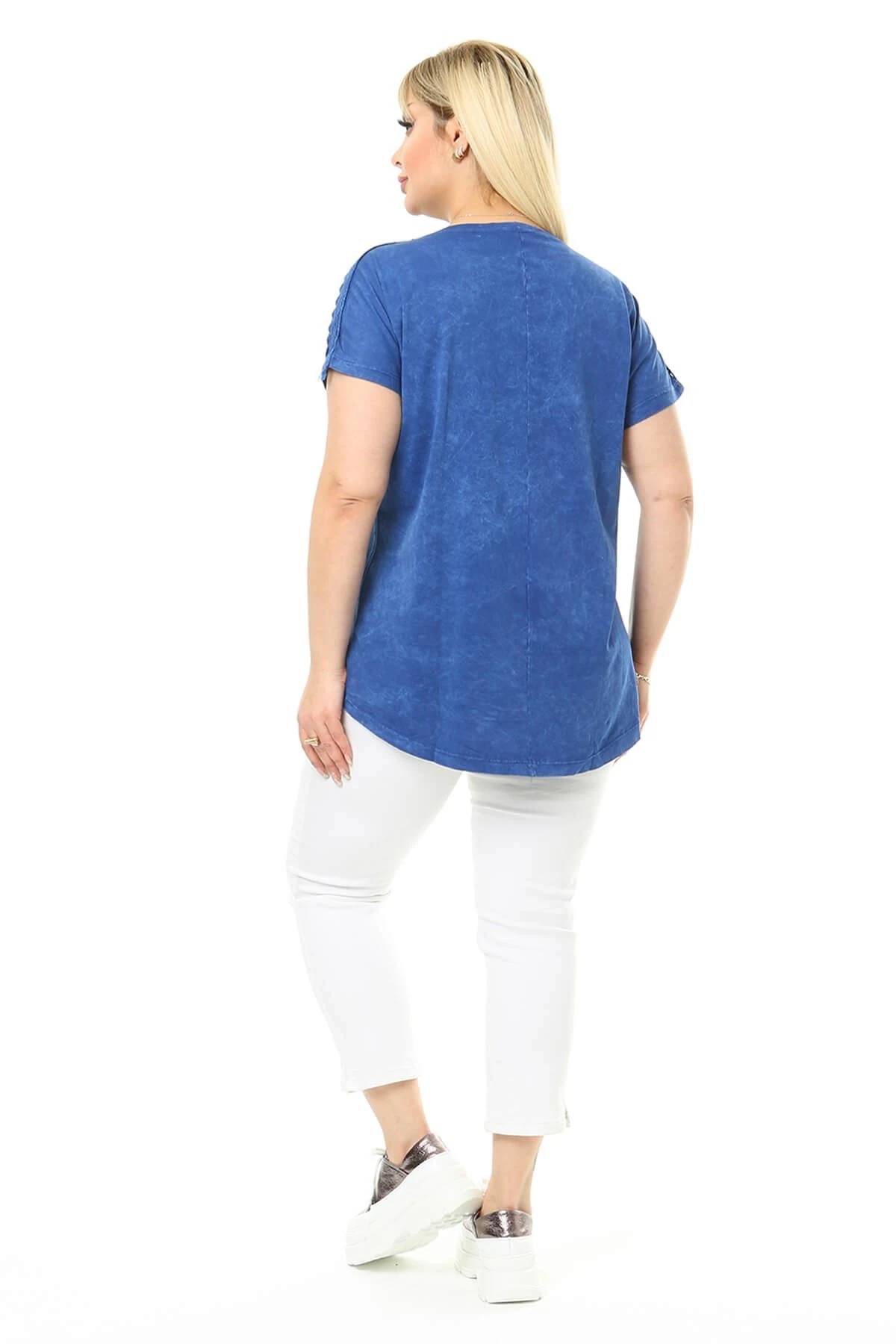 Büyük Beden Mavi Omuzları Dantel Detaylı Bluz