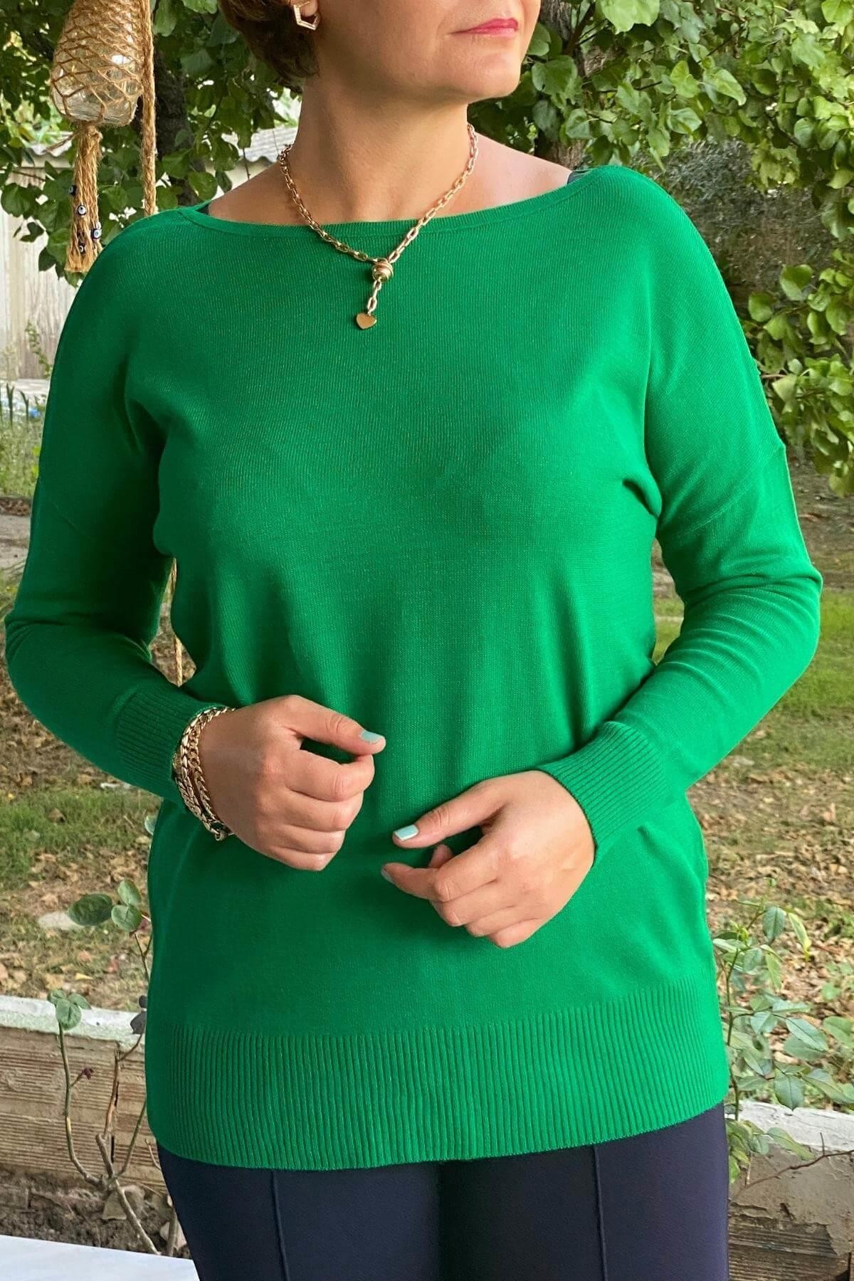Kadın Yeşil Kayık Yaka Triko Bluz