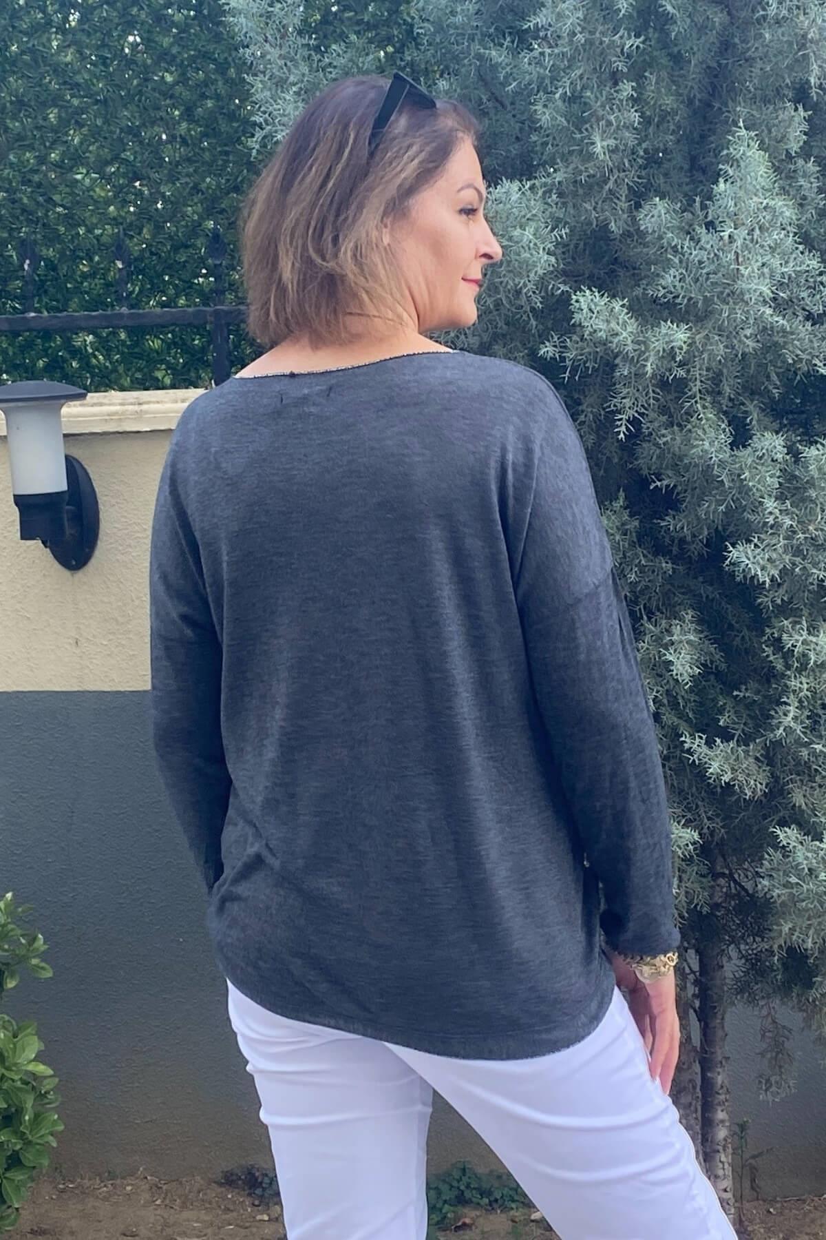 Kadın İtalyan Füme Varak Detaylı Triko Bluz