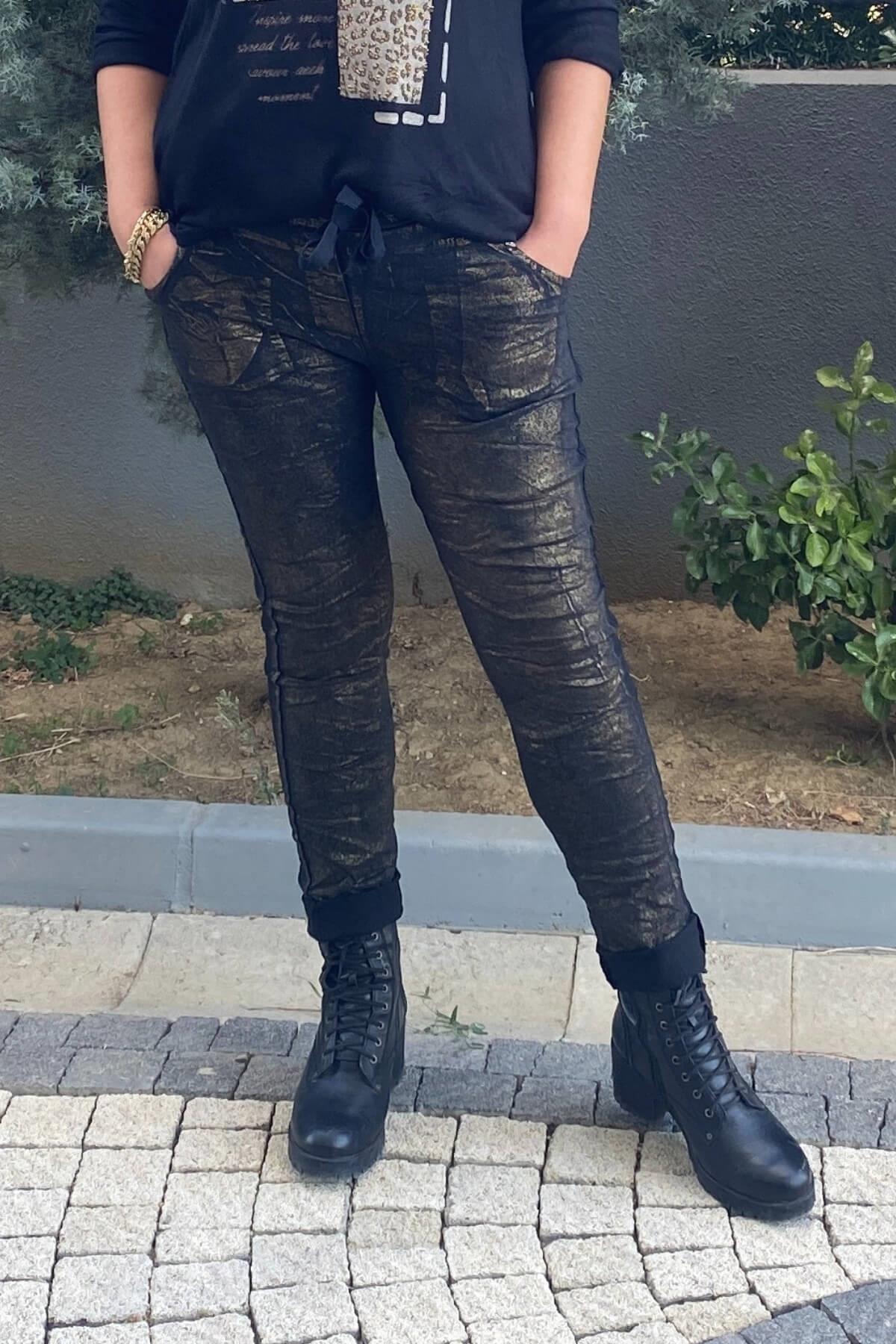 Kadın İtalyan Varak Basklı Siyah Pantolon