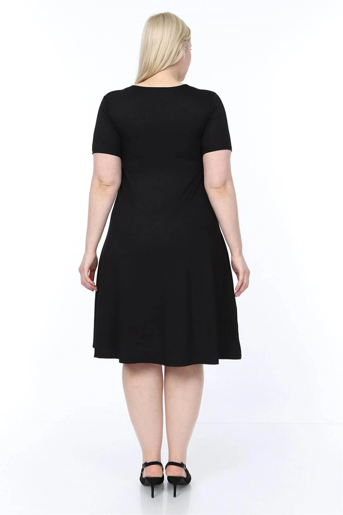 Büyük Beden Siyah Papatya Çapraz Cepli Elbise