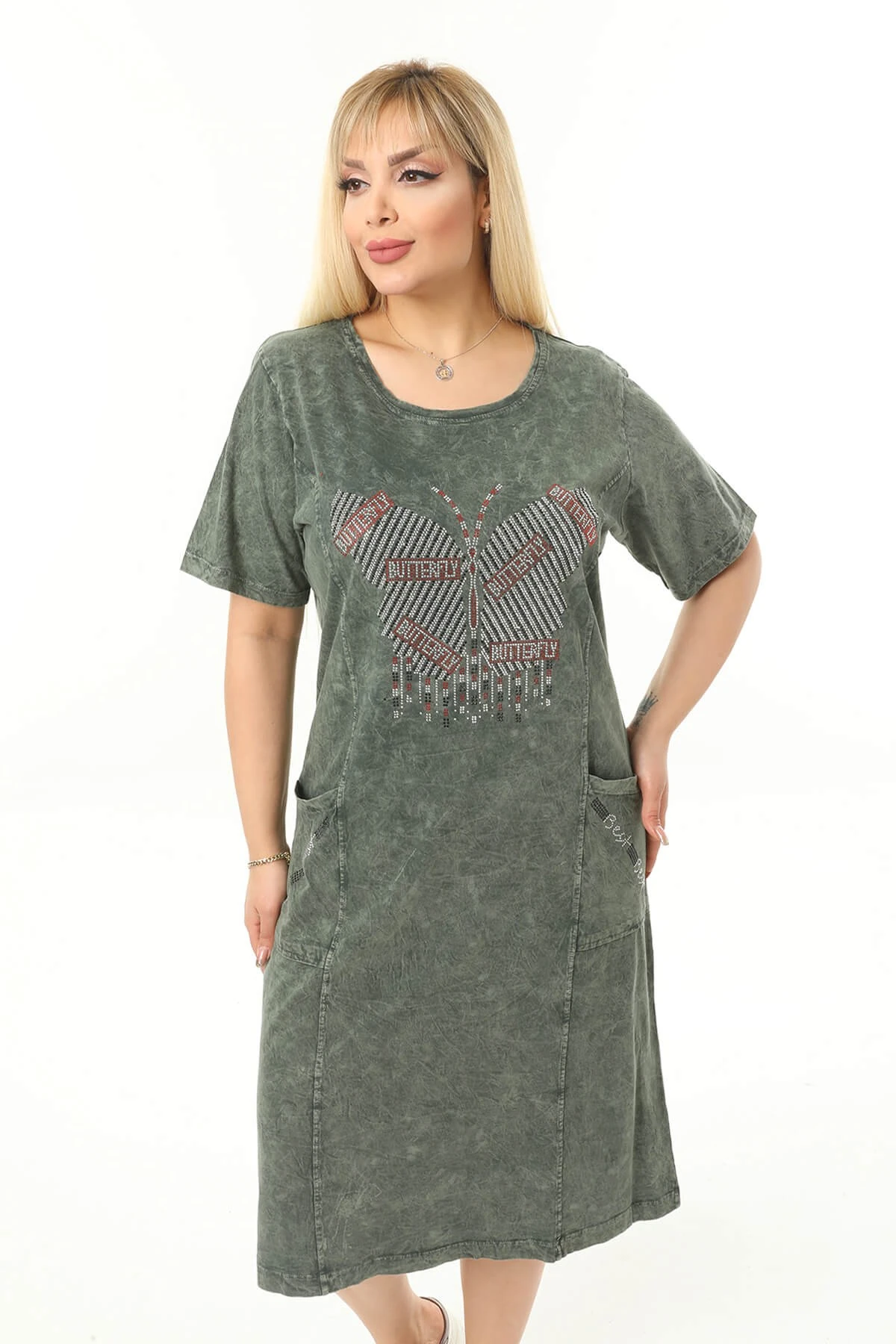 Büyük Beden Haki Kelebek Taslı Elbise