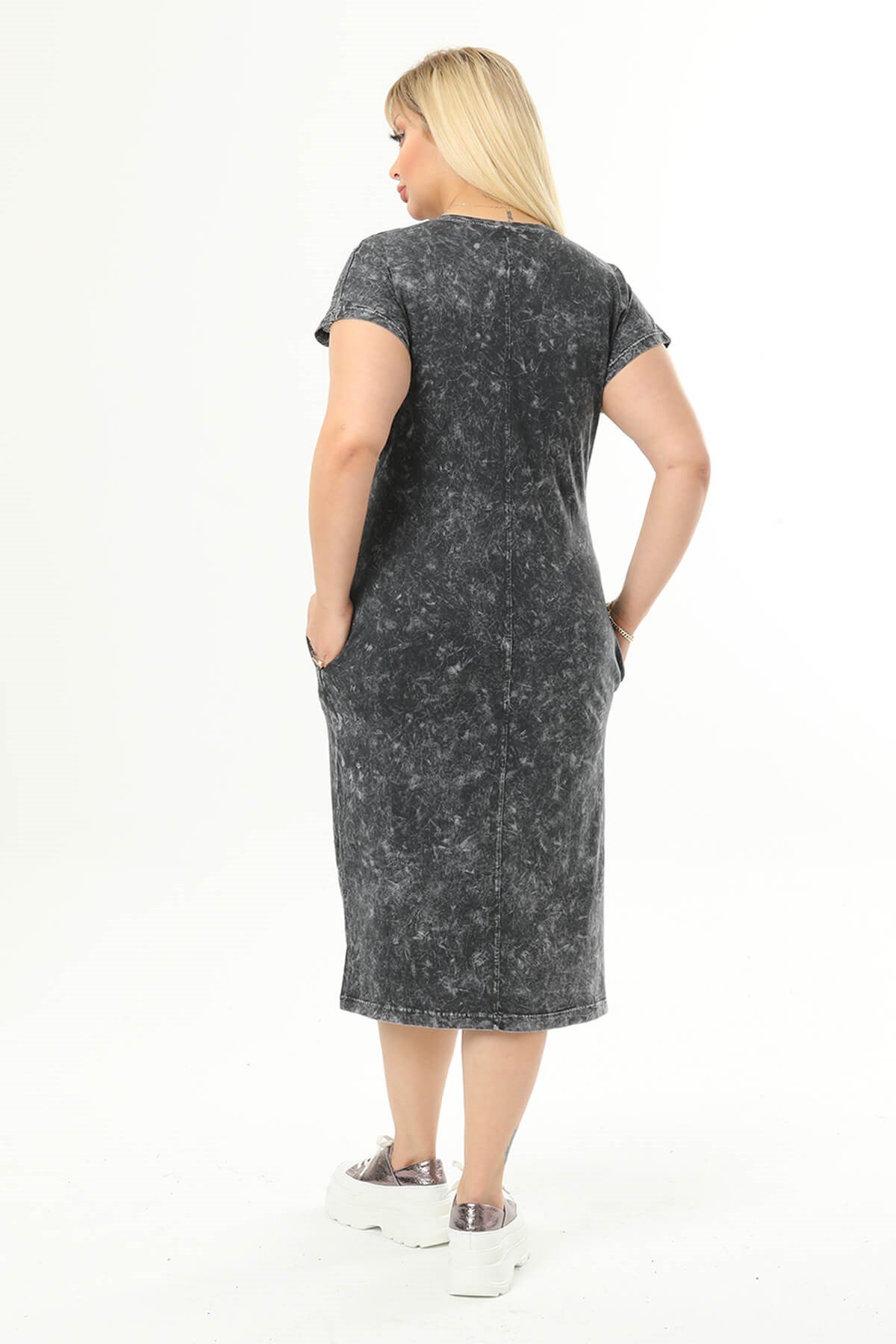 Büyük Beden Füme Gizli Cep Detaylı Elbise
