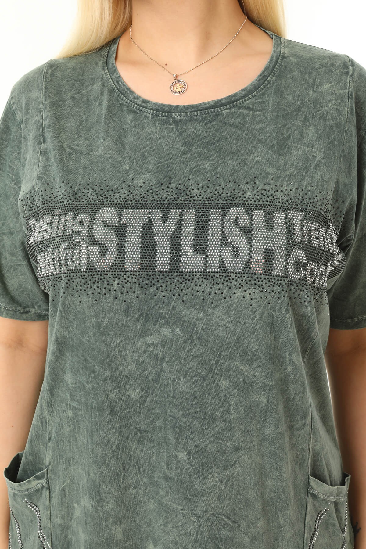 Büyük Beden Haki Küçük Taşlarla Süslenmiş Pamuklu Elbise