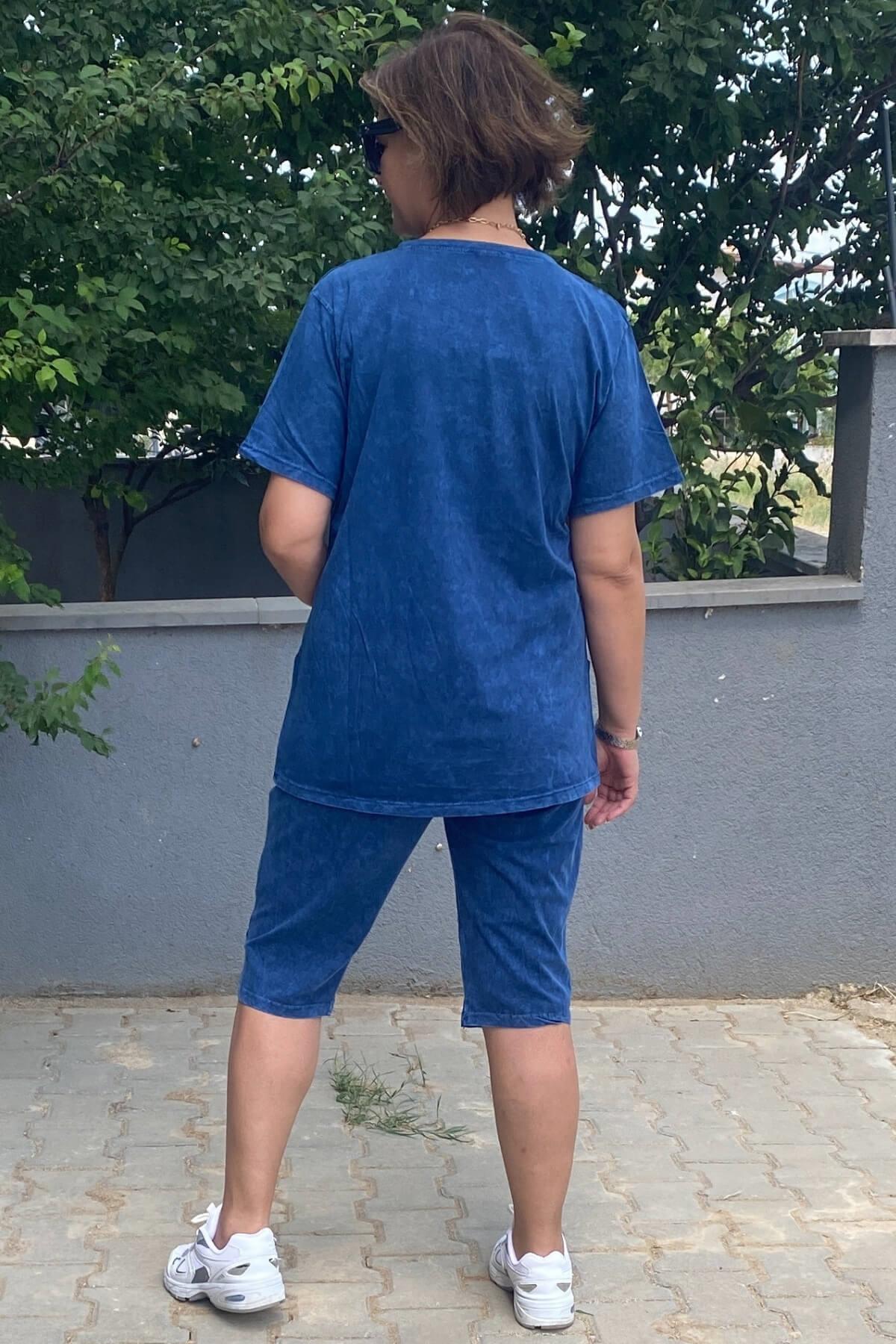 Büyük Beden Lacivert Gümüş Şort Takım