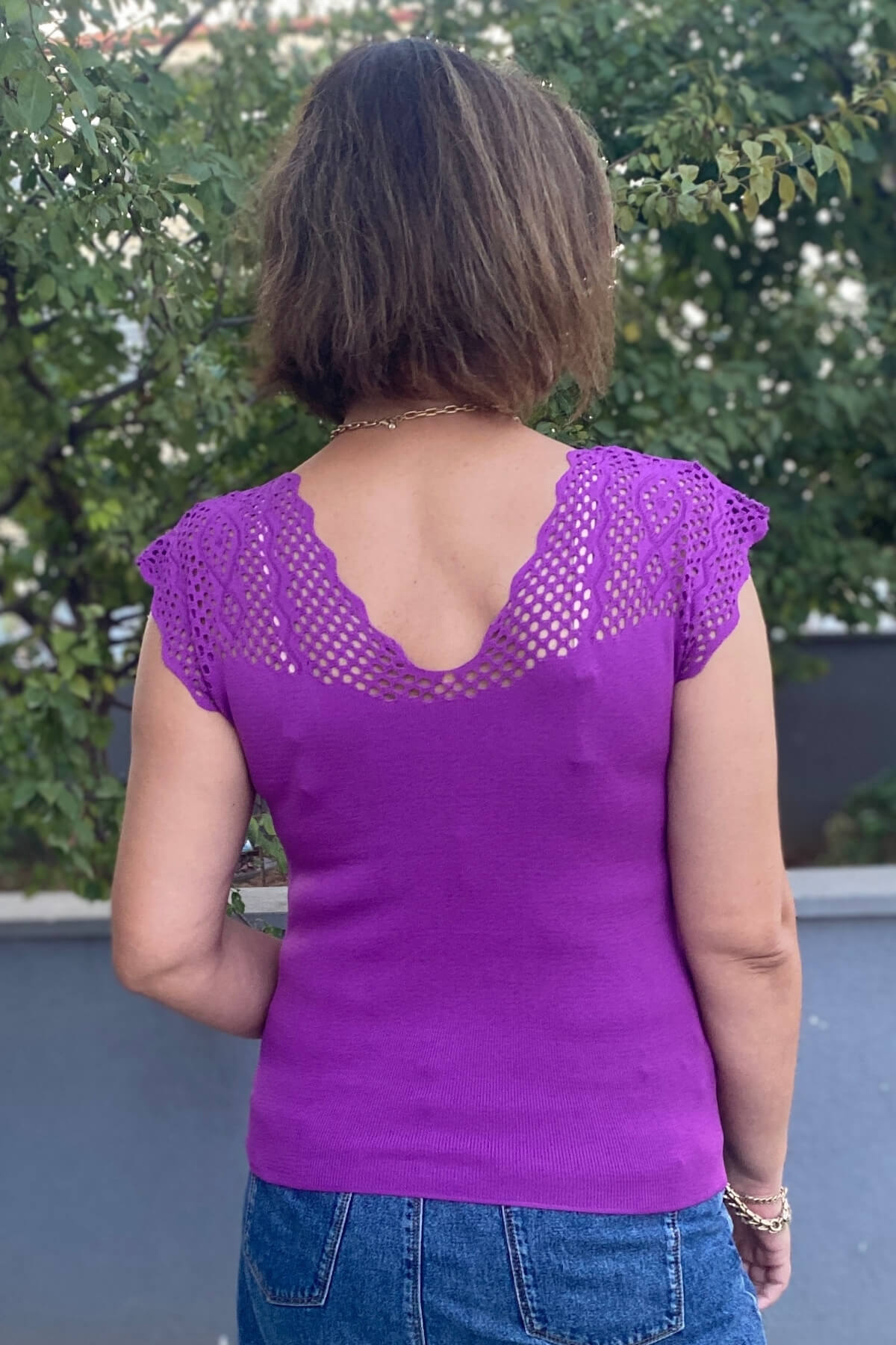 Kadın Mor Sıfır Kol Ajurlu Triko Bluz