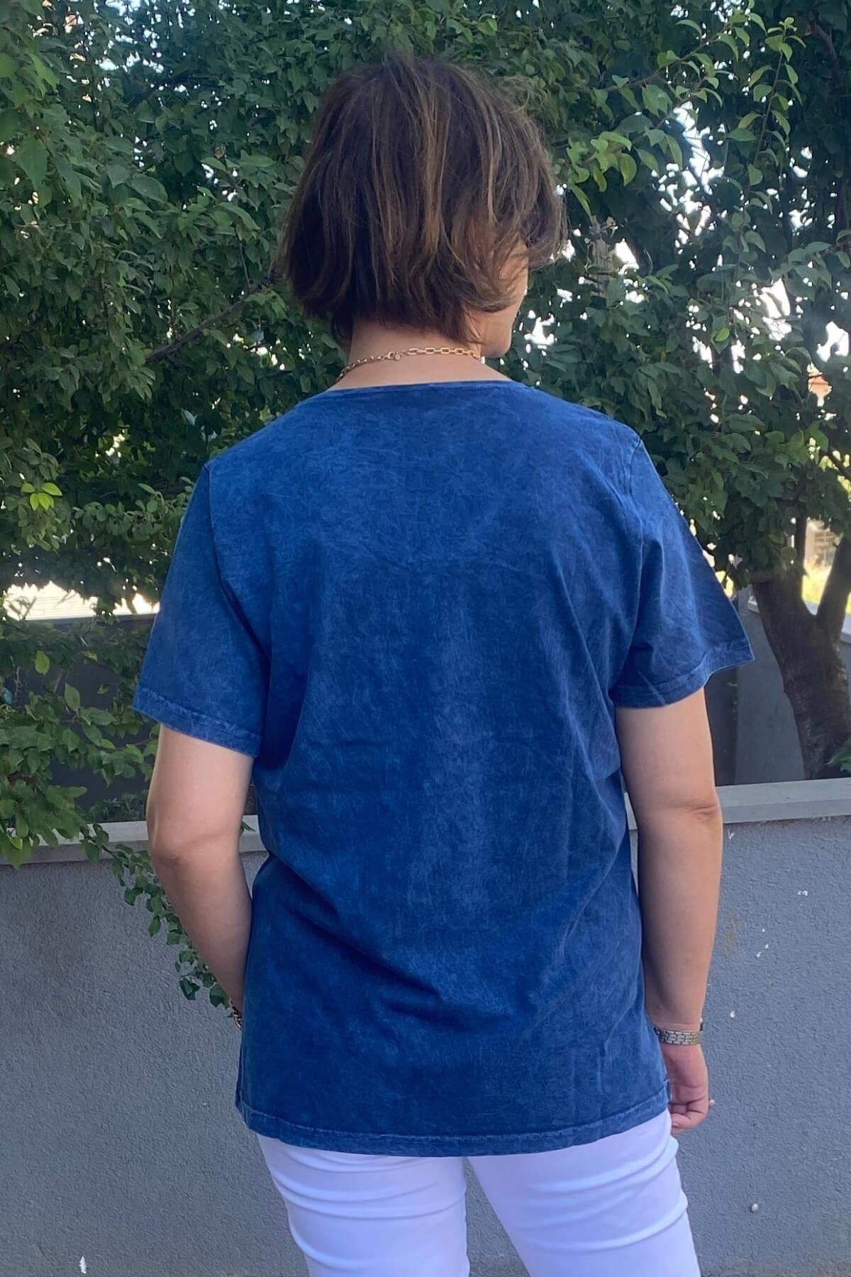 Büyük Beden Lacivert İtalyan Yıkamalı Pencere Detaylı Tshirt