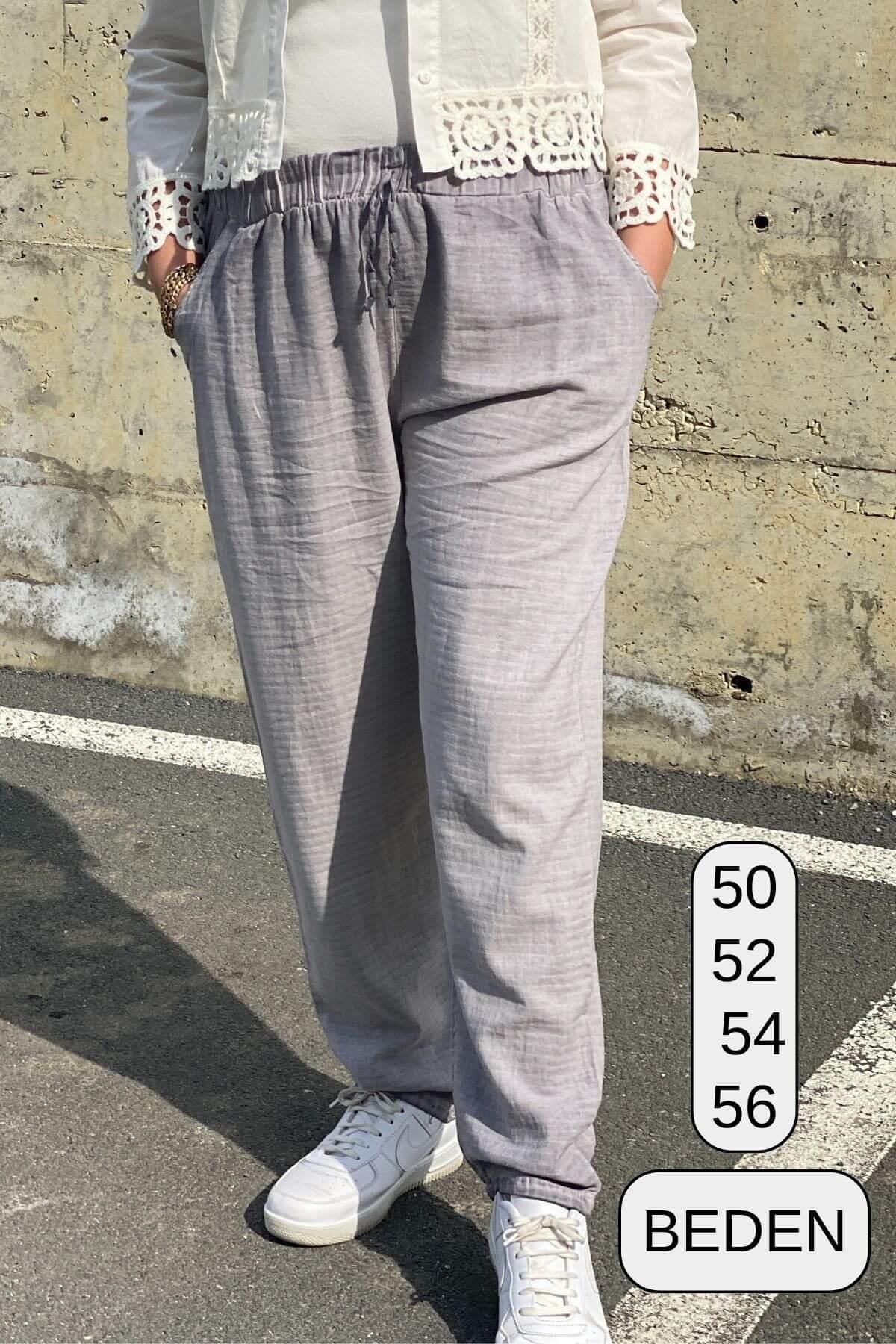 Büyük Beden Gri Beli Lastikli Keten Pantolon