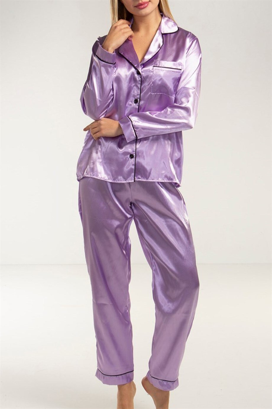 Kadın Lila Saten Pijama Takımı