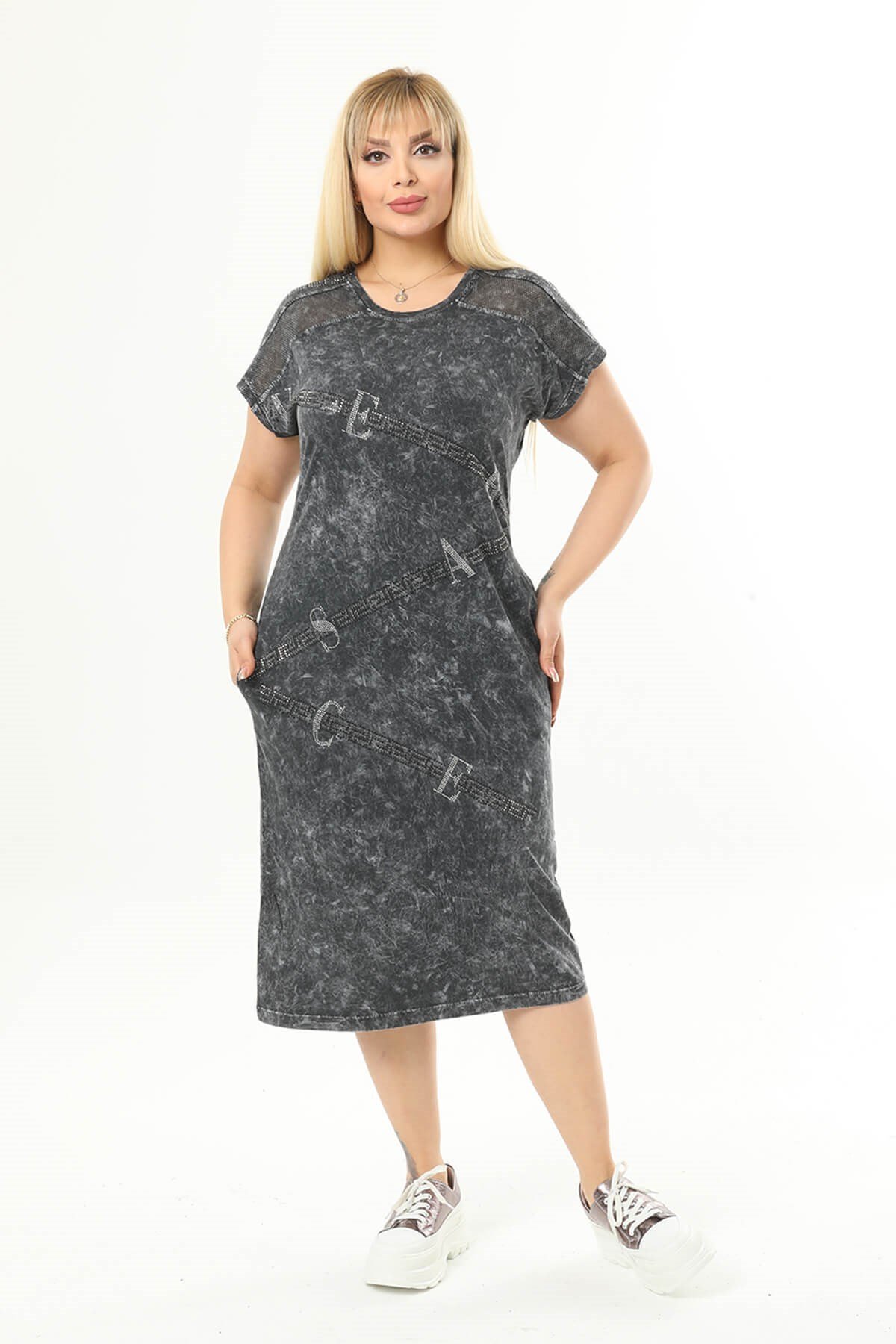 Büyük Beden Füme Gizli Cep Detaylı Elbise