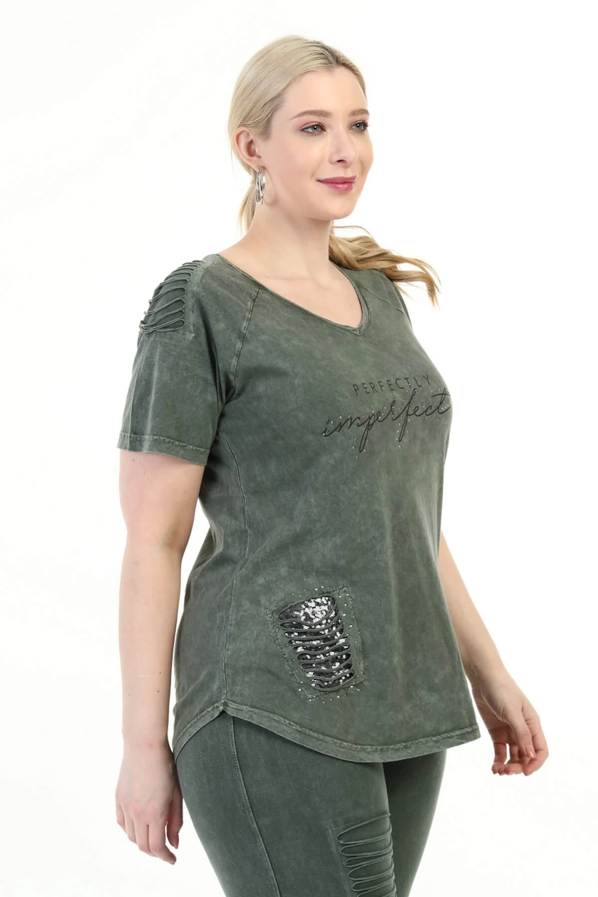 Büyük Beden Haki Omuzu Lazerli  İtalyan Yıkamalı Tayt Takım