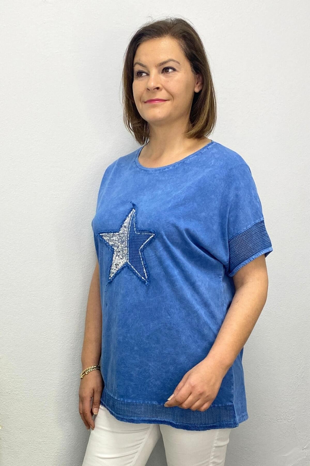 Kadın Mavi Yıkamalı Pamuk Yıldız Nakışlı Bluz