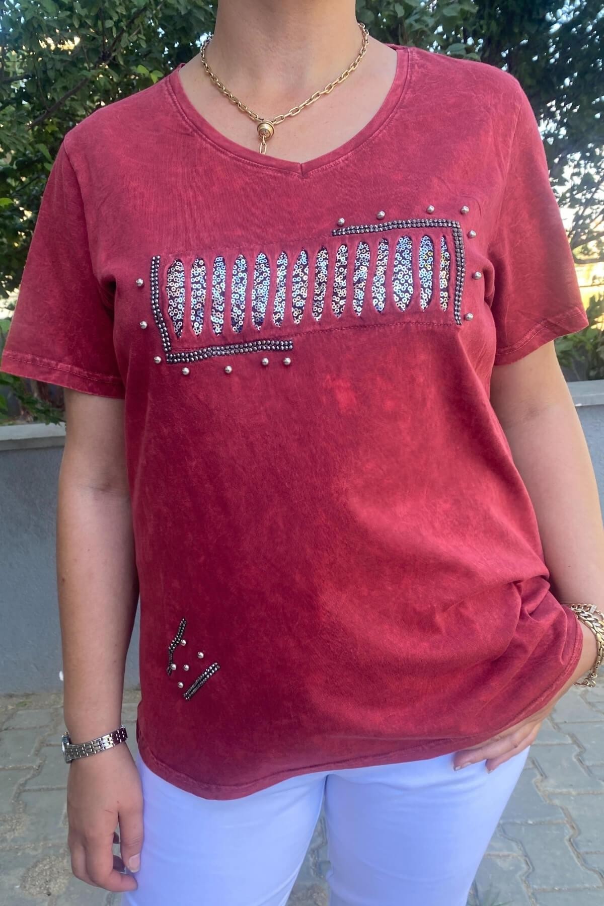 Büyük Beden Bordo İtalyan Yıkamalı Pencere Detaylı Tshirt