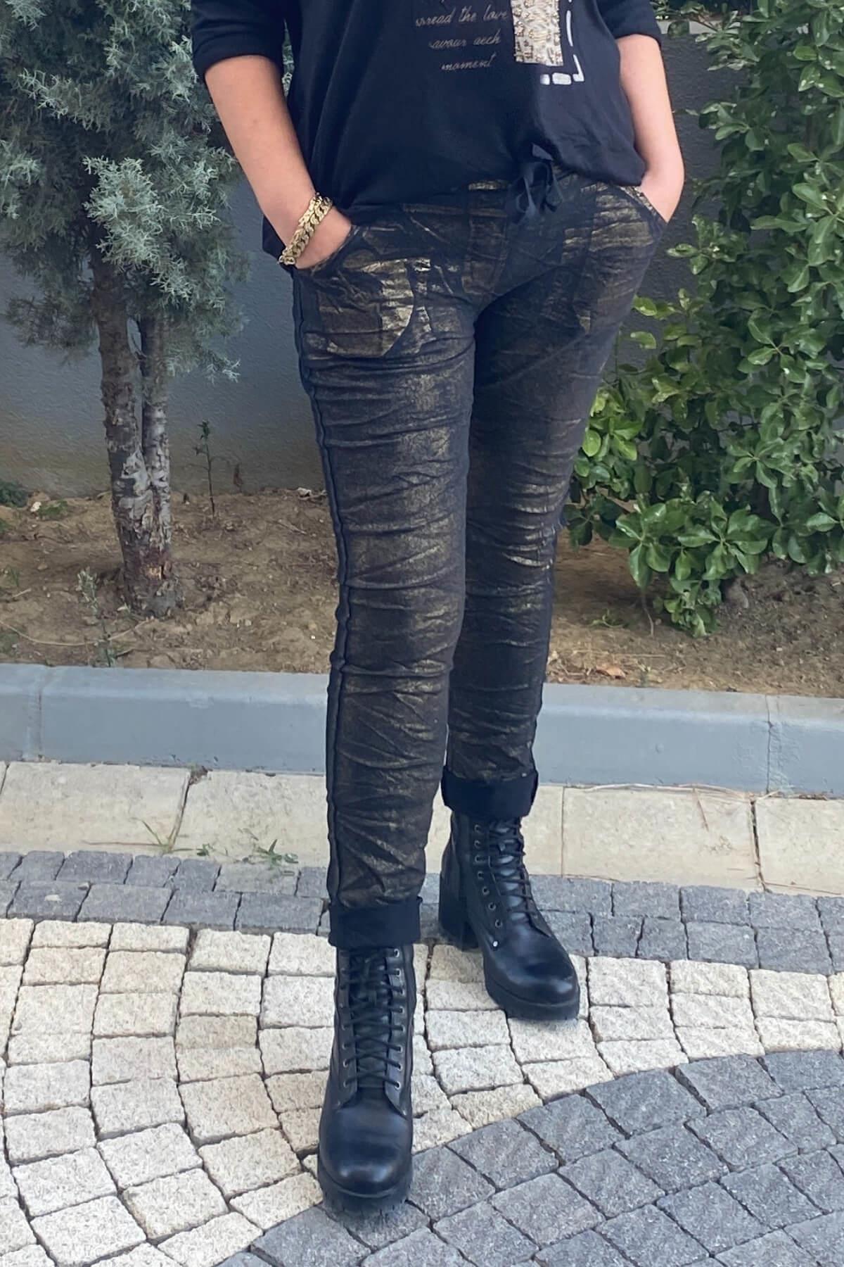 Kadın İtalyan Varak Basklı Siyah Pantolon