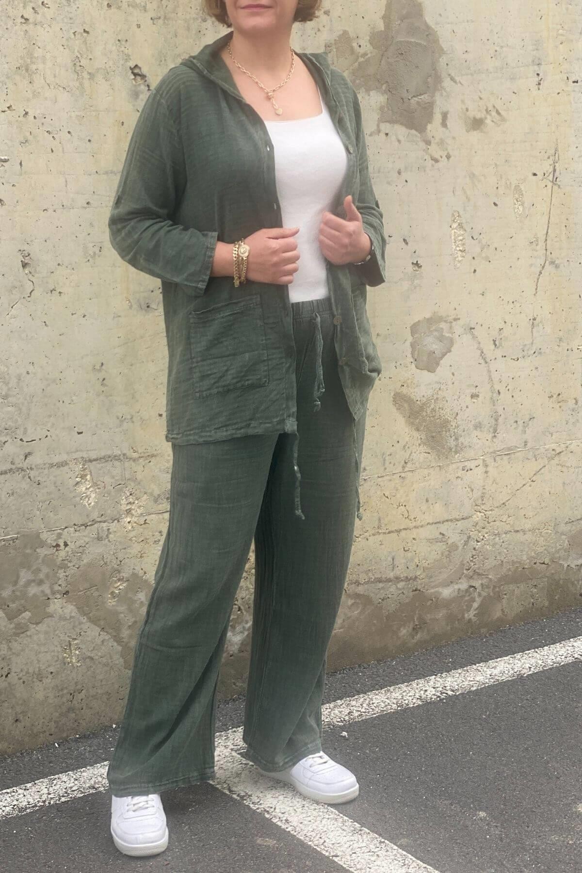 Kadın Güneş Keten Haki Takım