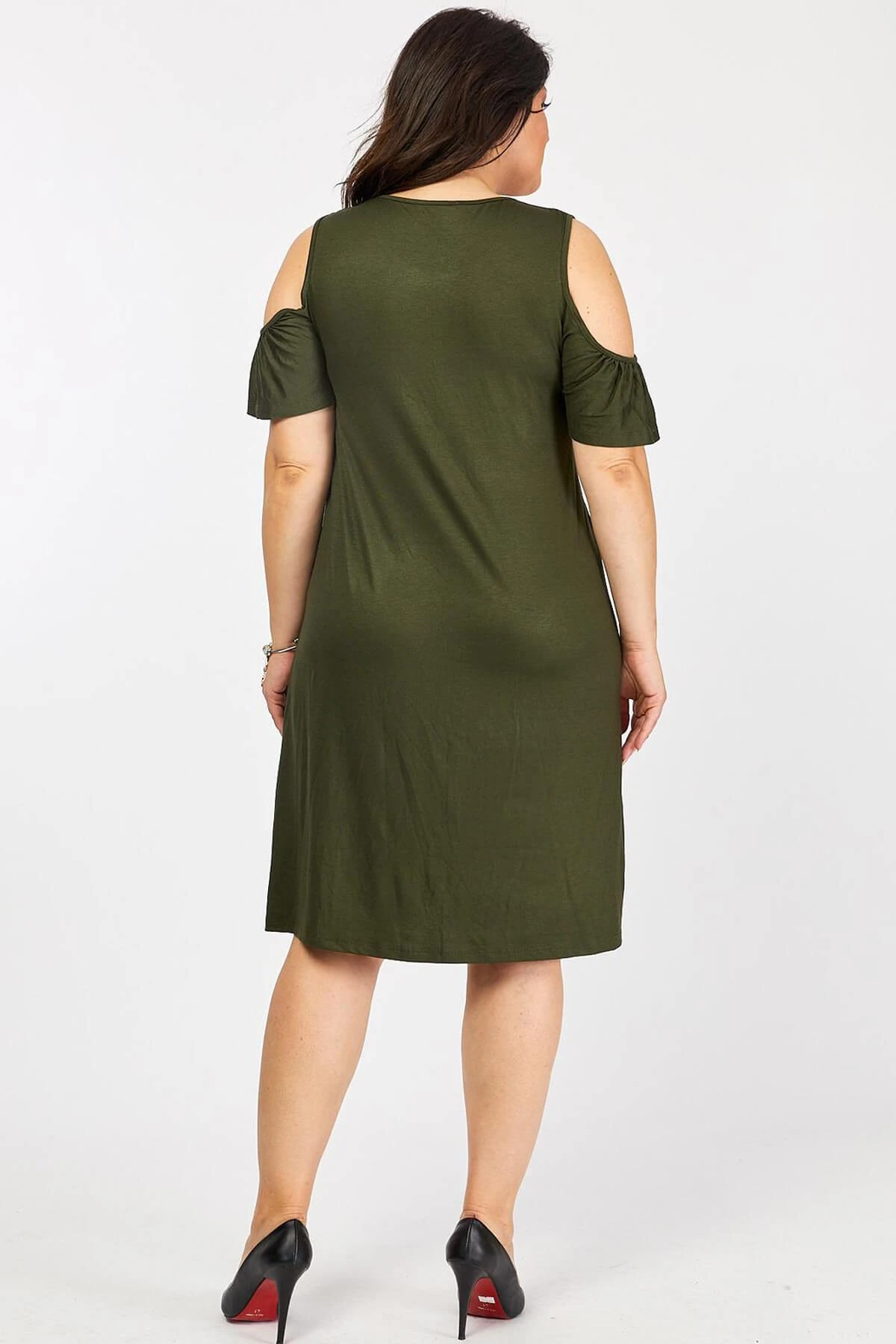 Büyük Beden Haki Omuzu Dekolteli Elbise