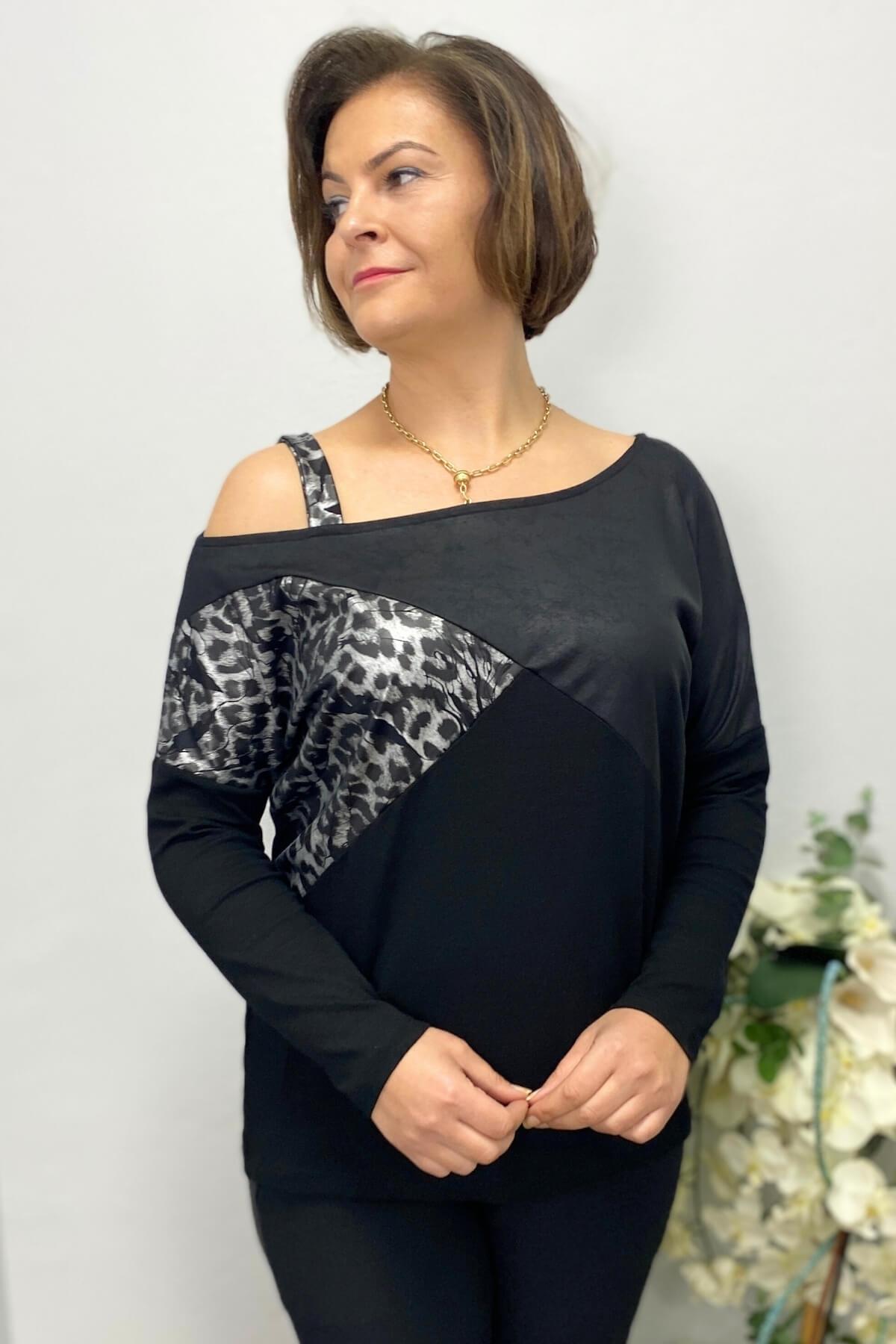 Büyük Beden Siyah Tek Omuz Leopar Detaylı Bluz