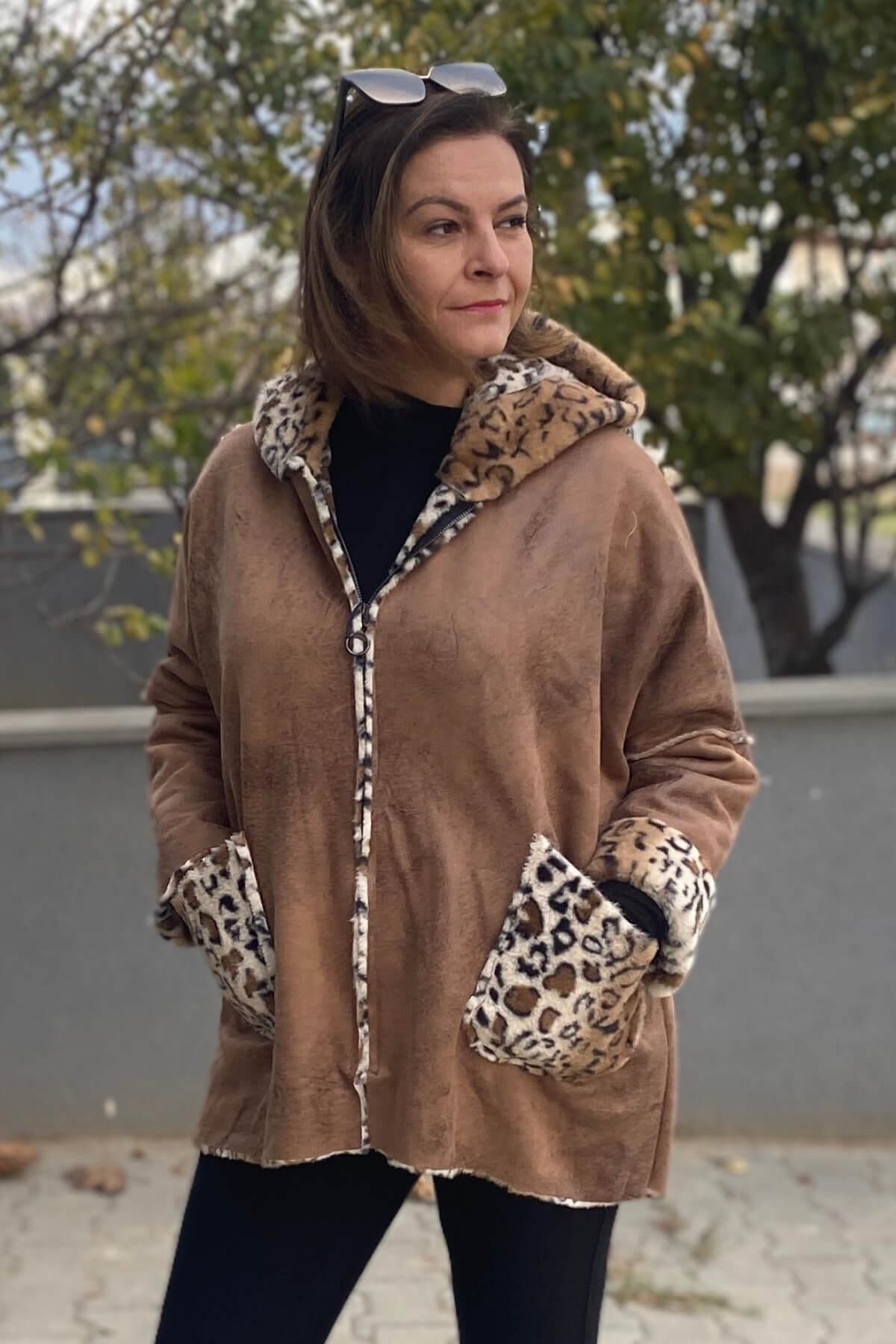Kadın Camel İtalyan Leopar Desenli Kısa Kaban