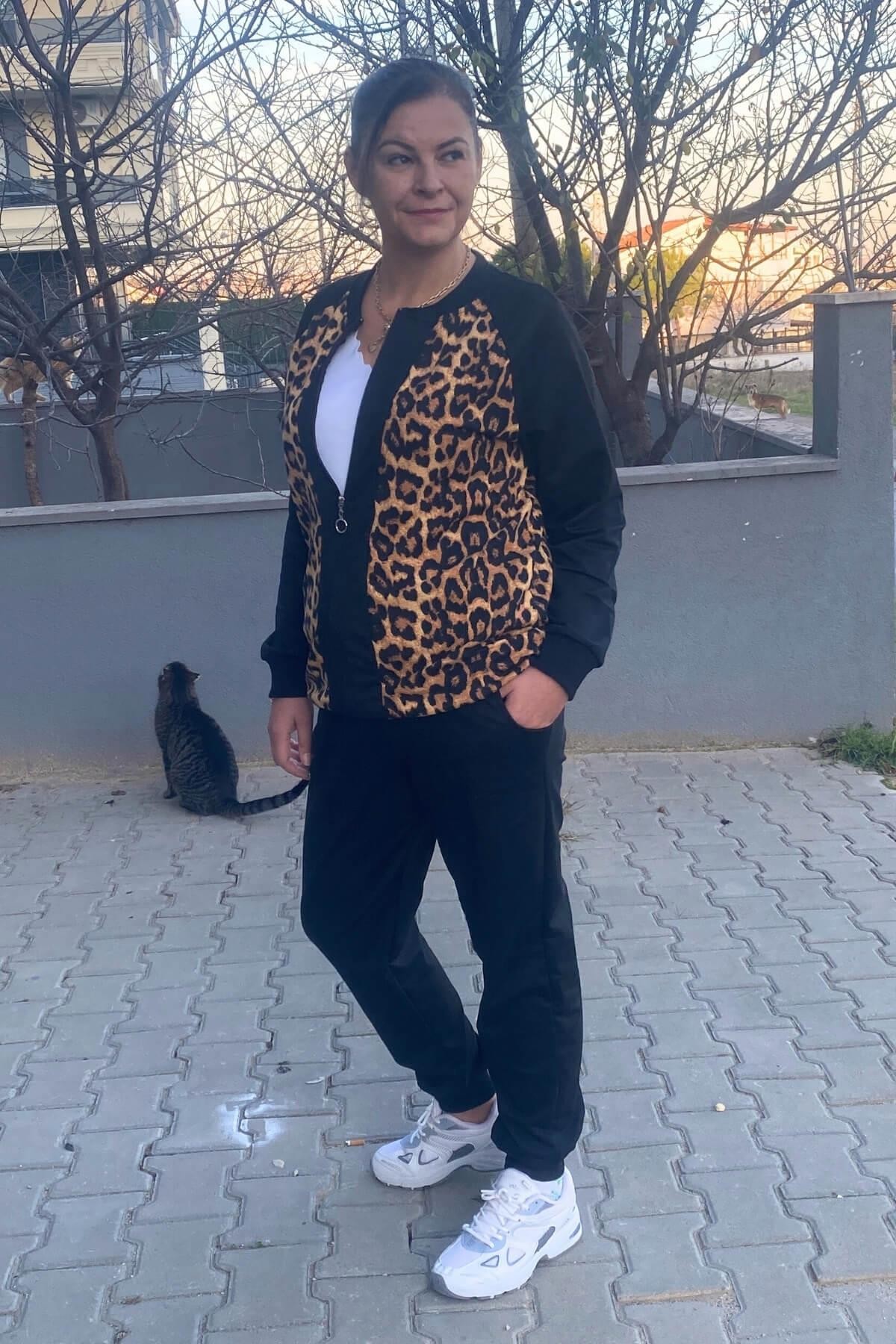 Büyük Beden Siyah Leopar Desenli Eşortman Takım