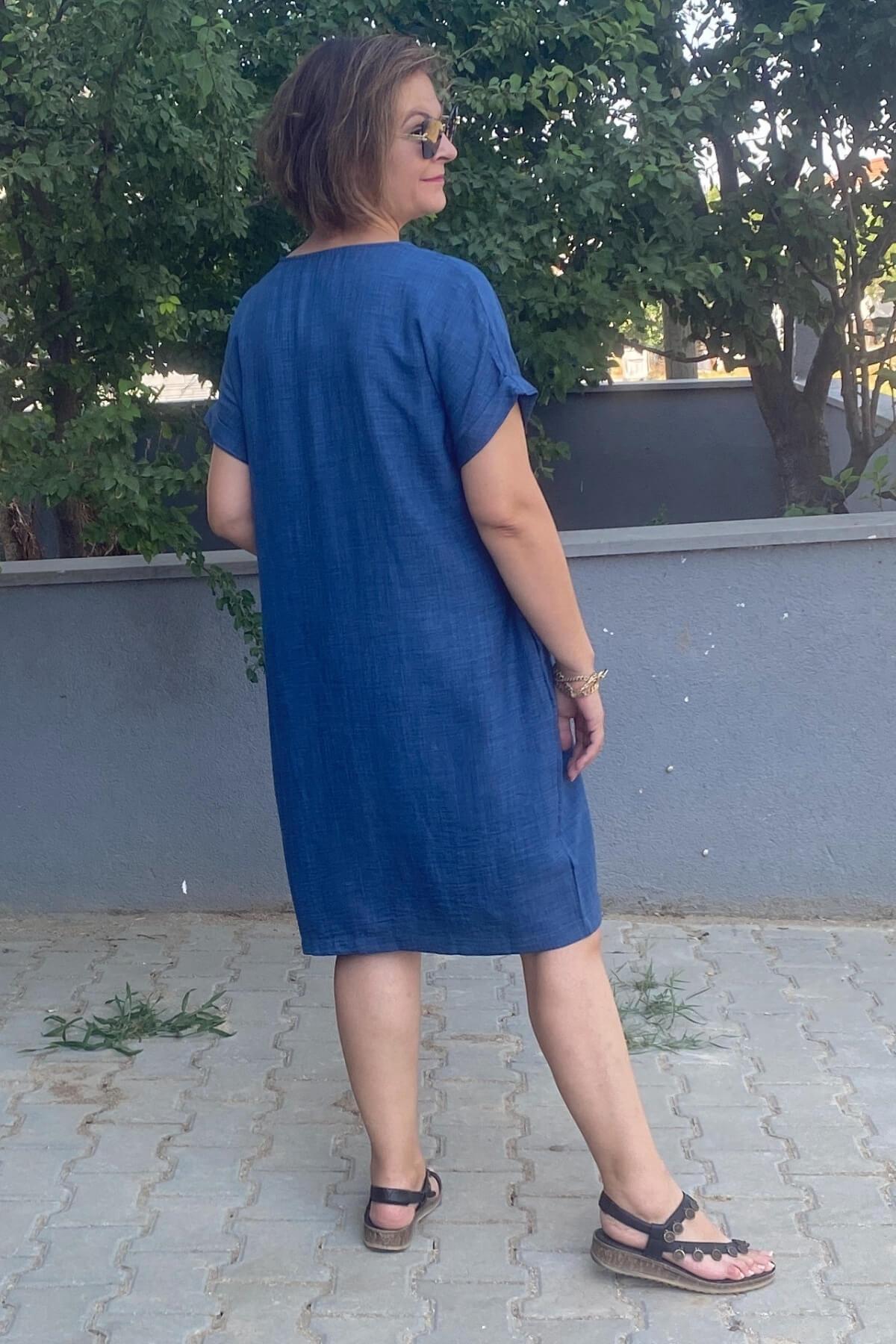 Büyük Beden Lacivert Kolye Hediyeli Salaş Elbise