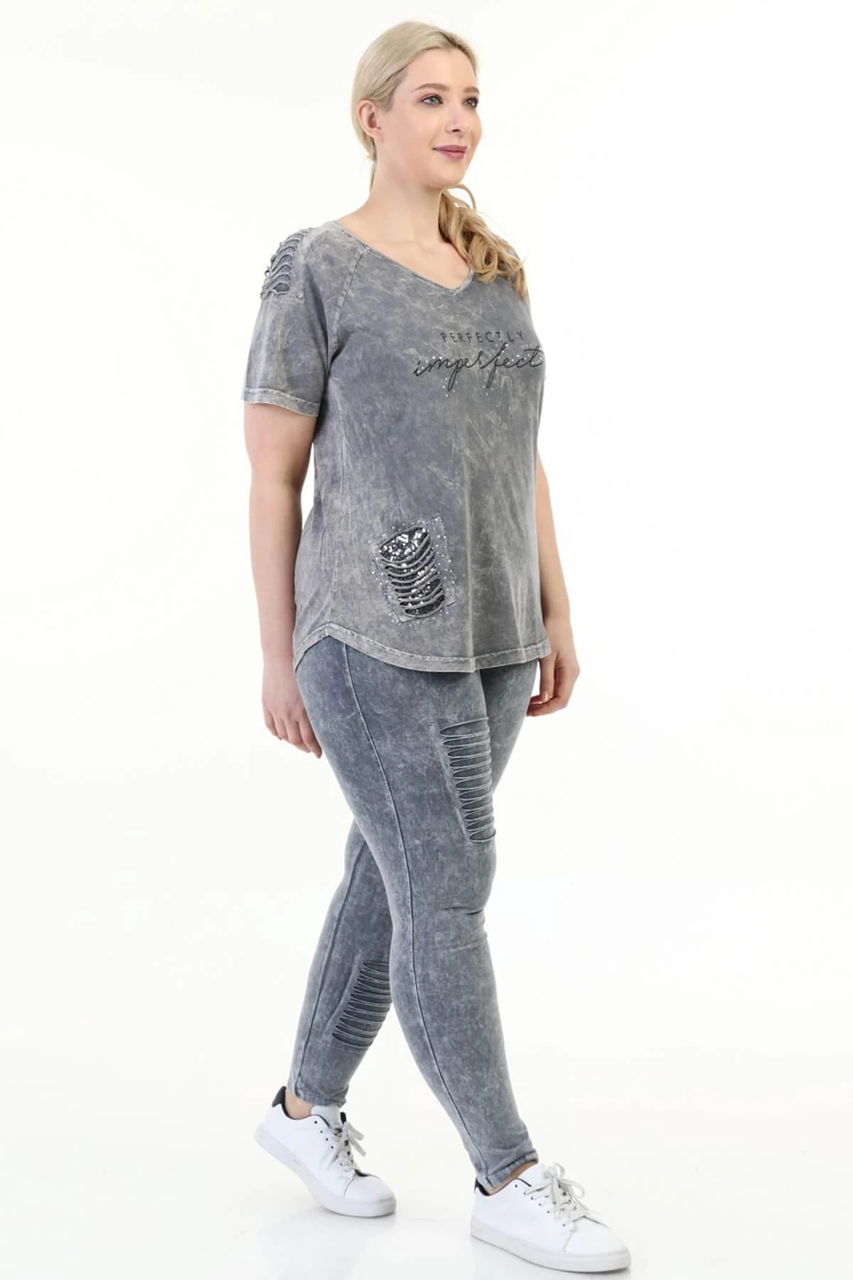 Büyük Beden Gri Omuzu Lazerli  İtalyan Yıkamalı Tayt Takım