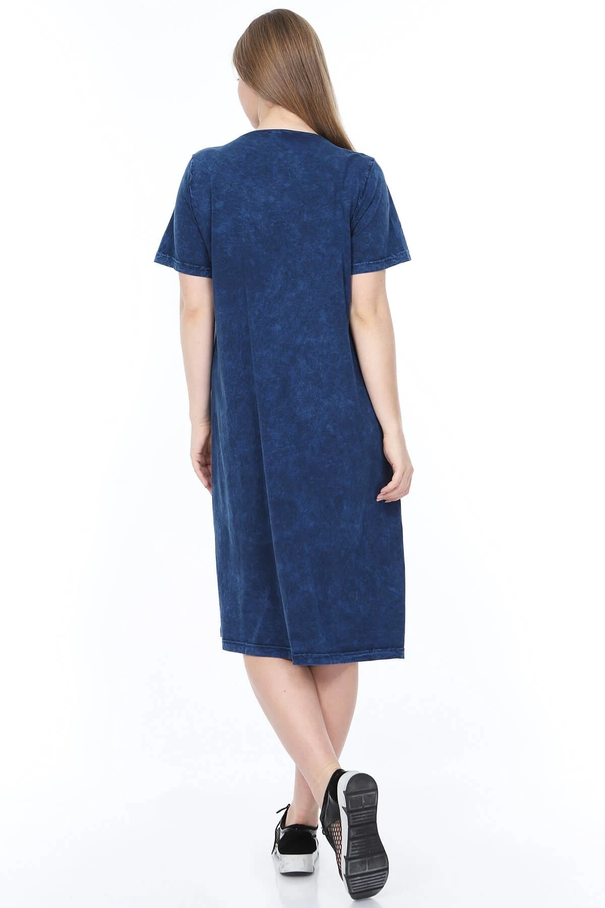 Büyük Beden İtalyan Yıkama Eteği Güpür Detaylı Kısa Kolu Lacivert  Elbise