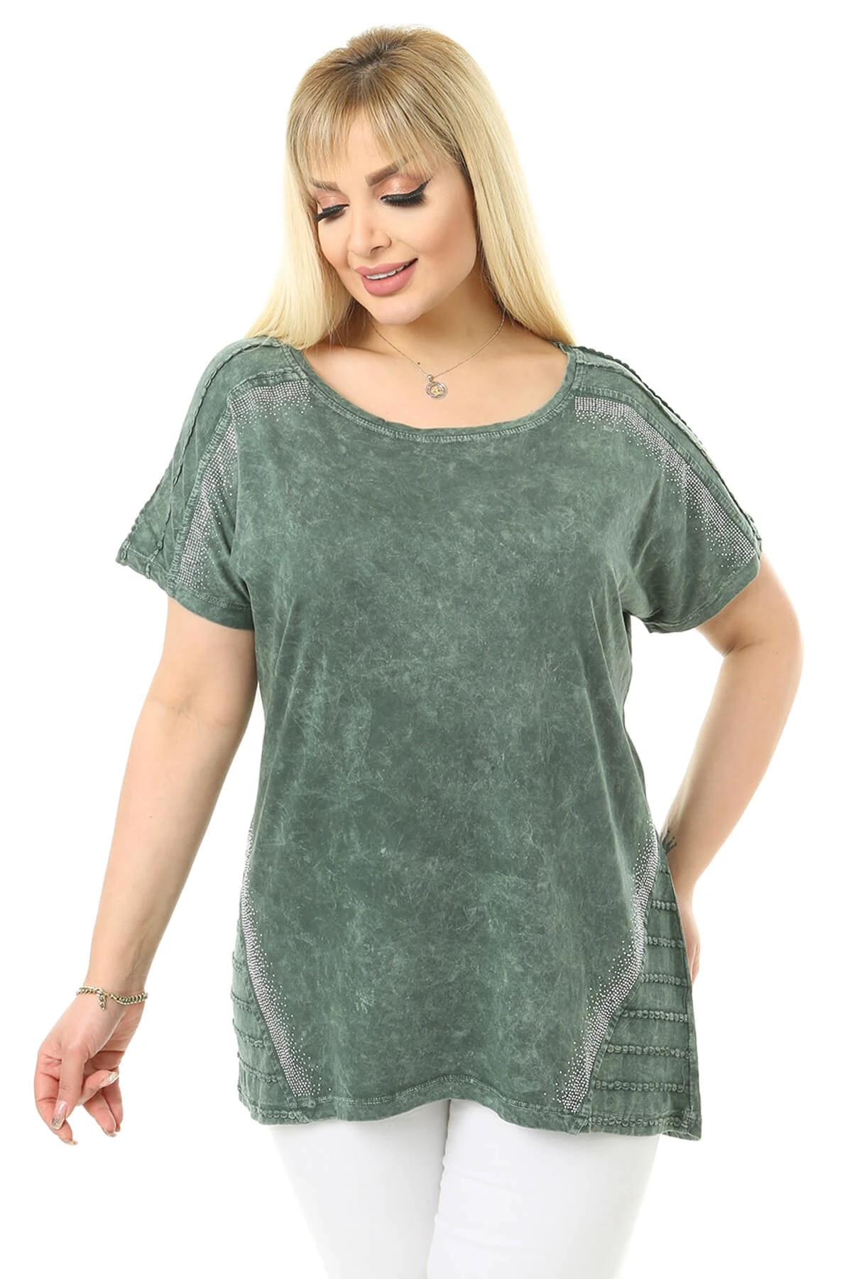 Büyük Beden Haki Yuvarlak Yaka Bluz